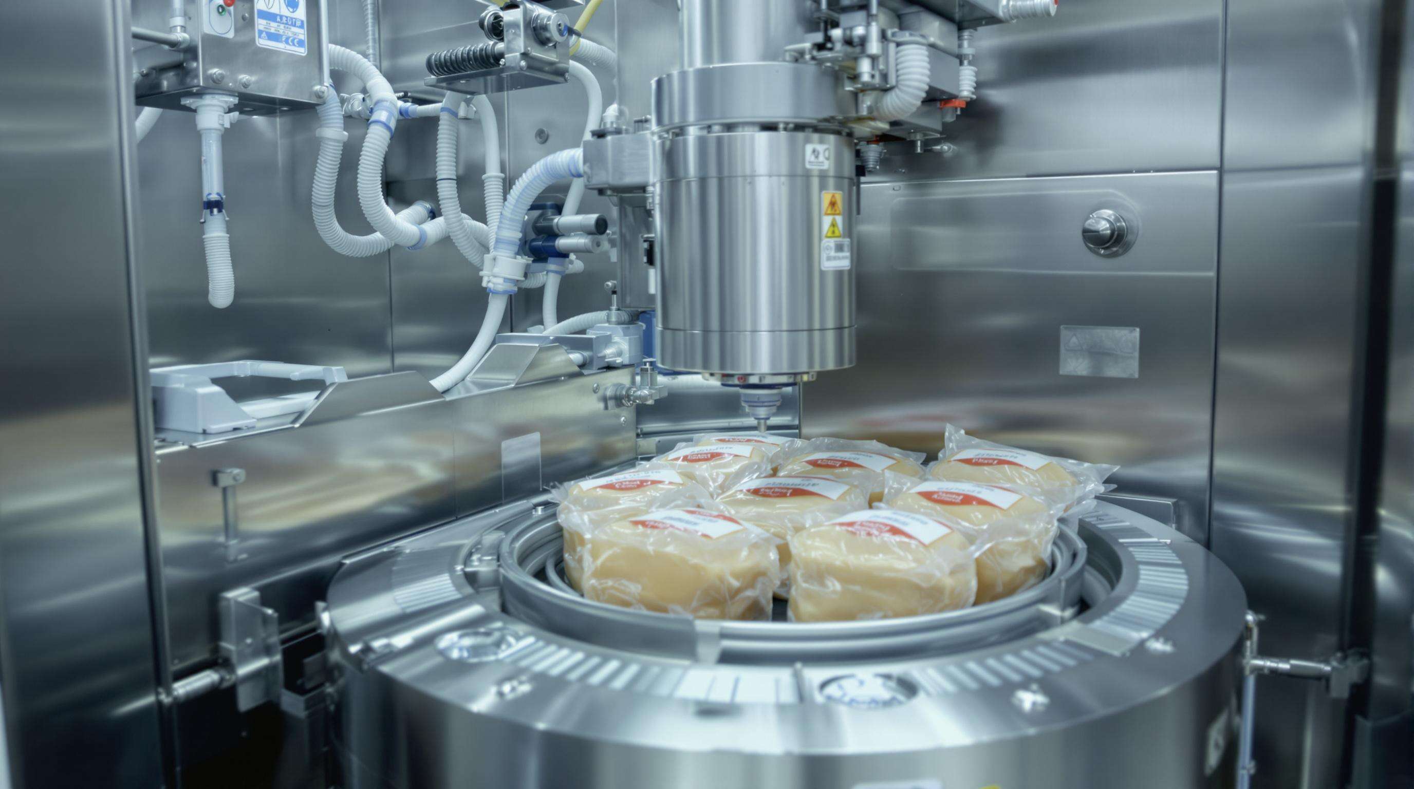 Technicians using an industrial vacuum packaging machine, placing food packages into a chamber as air is evacuated.