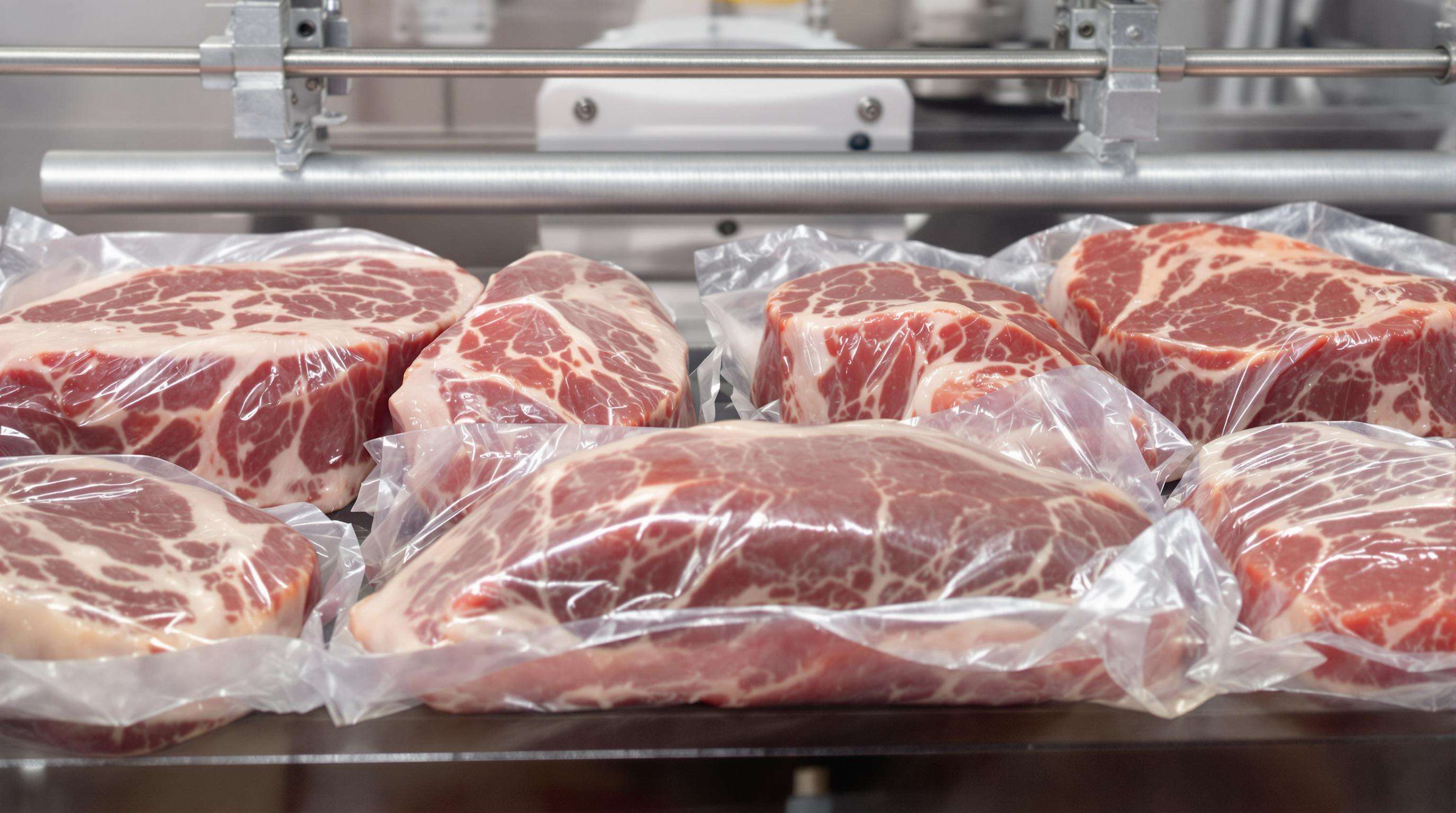 Vacuum packaging machine sealing fresh meat products in moisture-tight plastic for extended shelf life