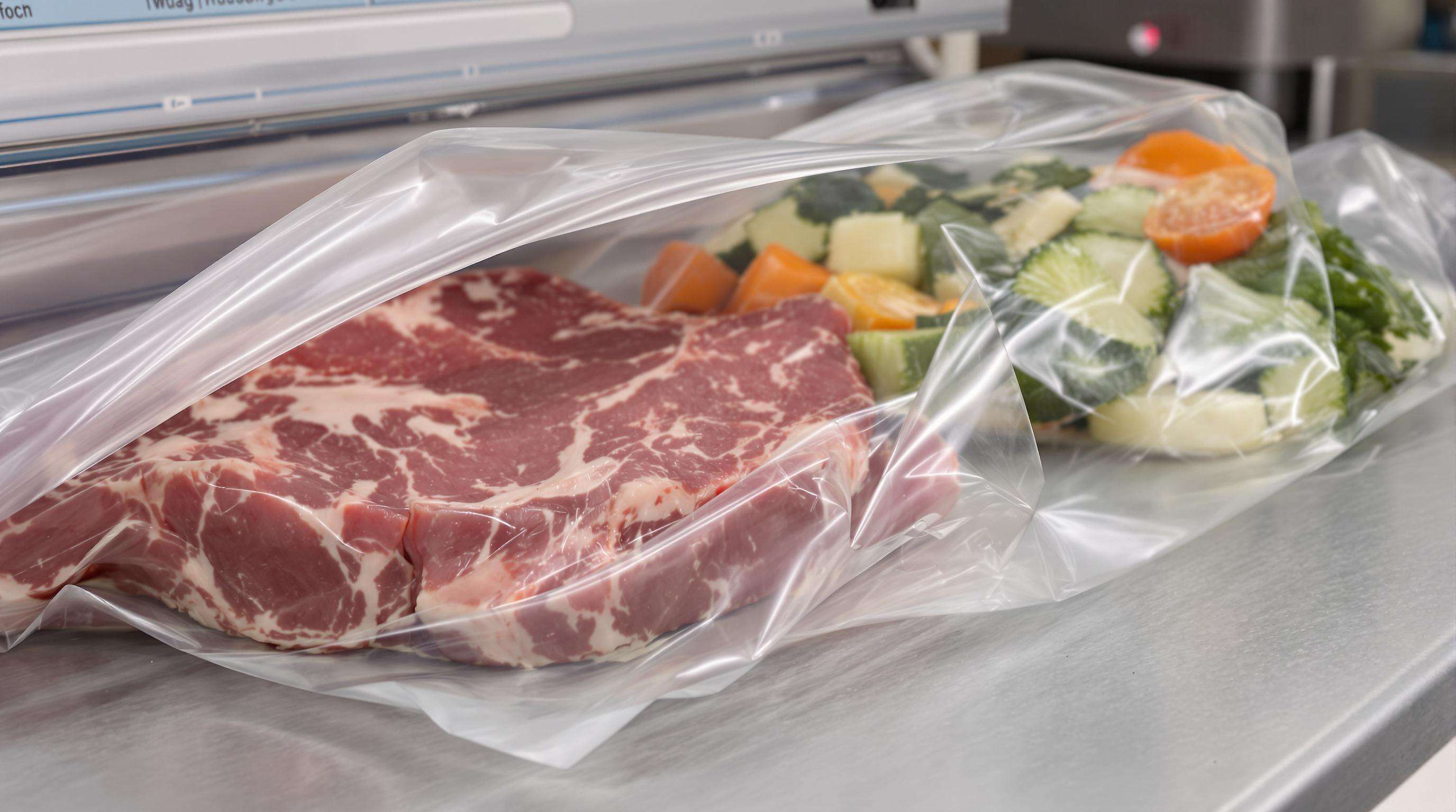 Vacuum-sealed meat and vegetables in clear barrier bags blocking air and moisture