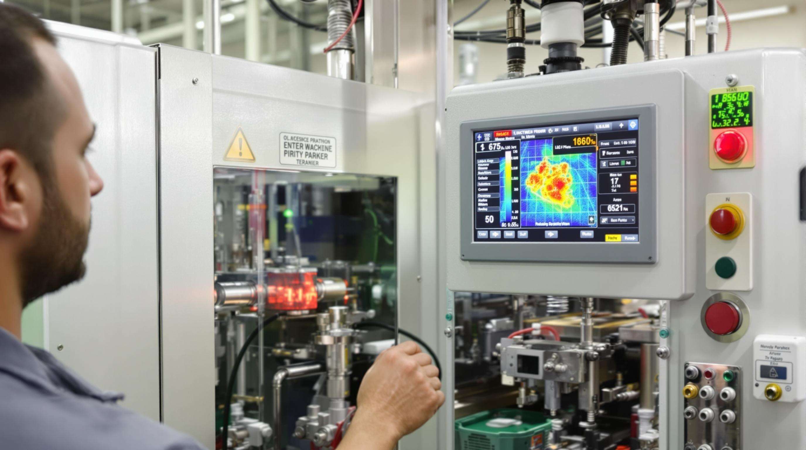 Technician monitoring smart sensors on a bagging machine with health status dashboard