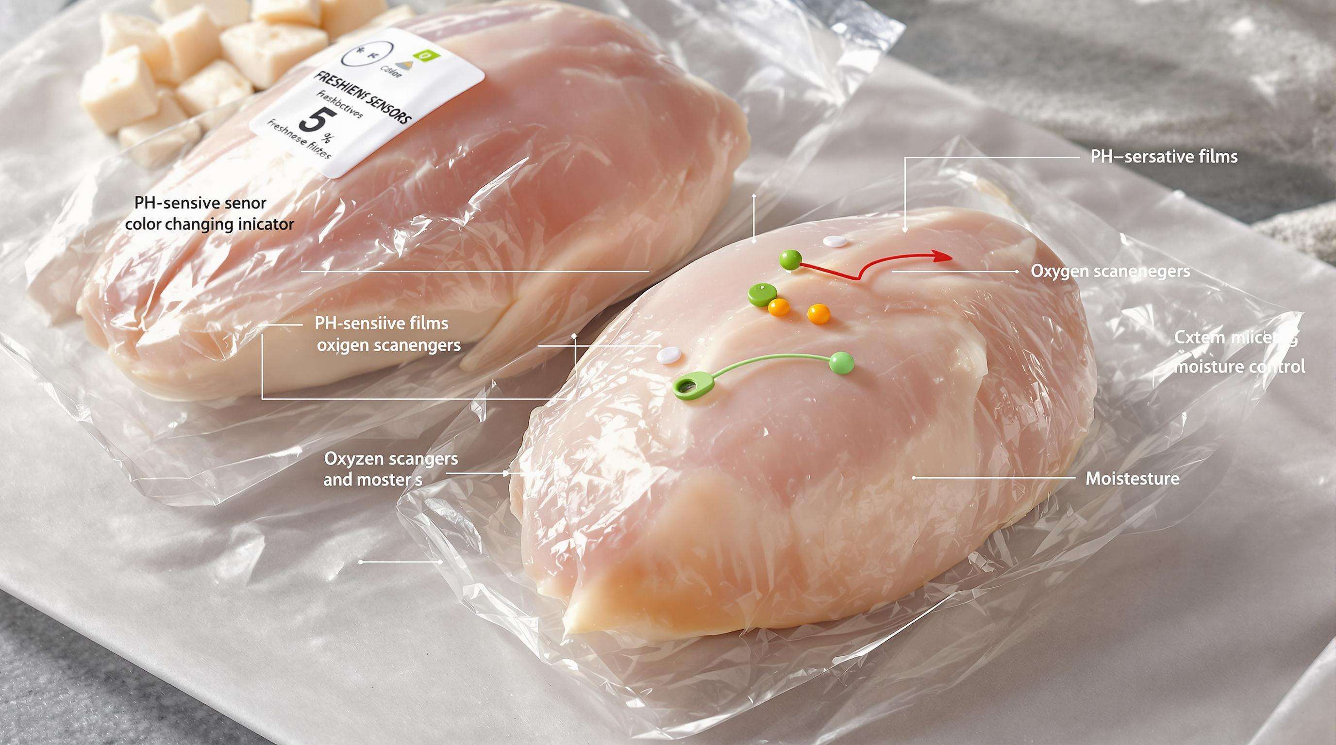 Photorealistic image of packaged chicken with visible freshness sensors and packaging technology details