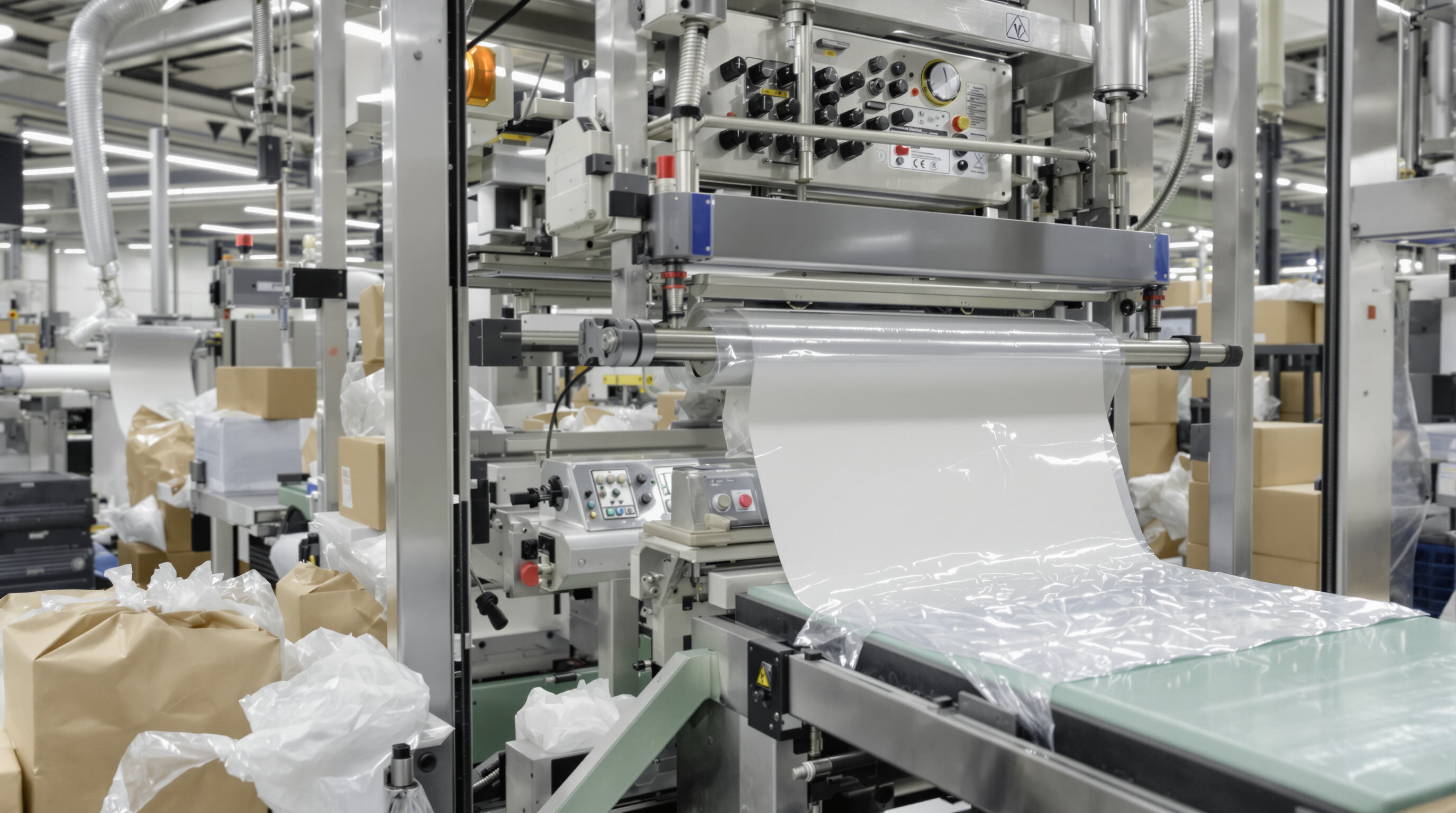 VFFS machine producing bags from film roll in a factory, showing minimal packaging waste