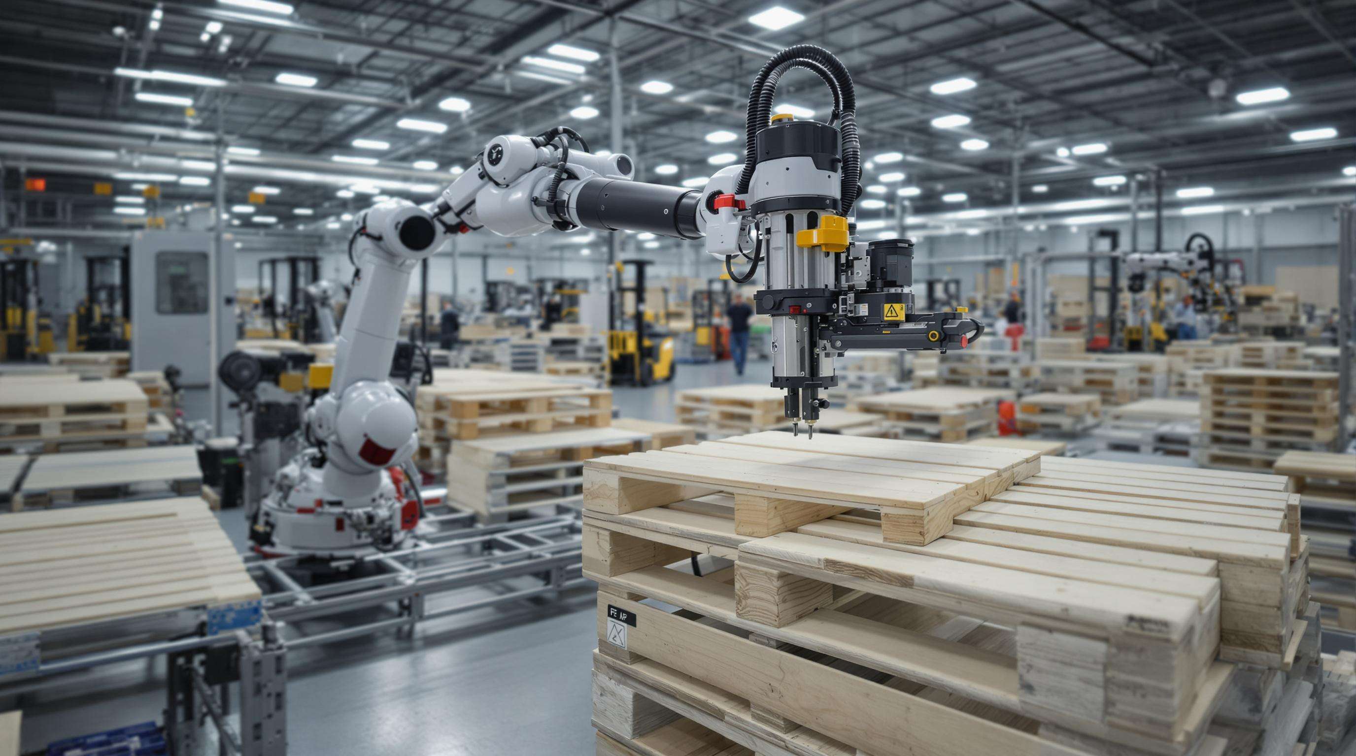 Robotic arms assembling wooden pallets on an industrial factory floor, with vision cameras and human workers in the background
