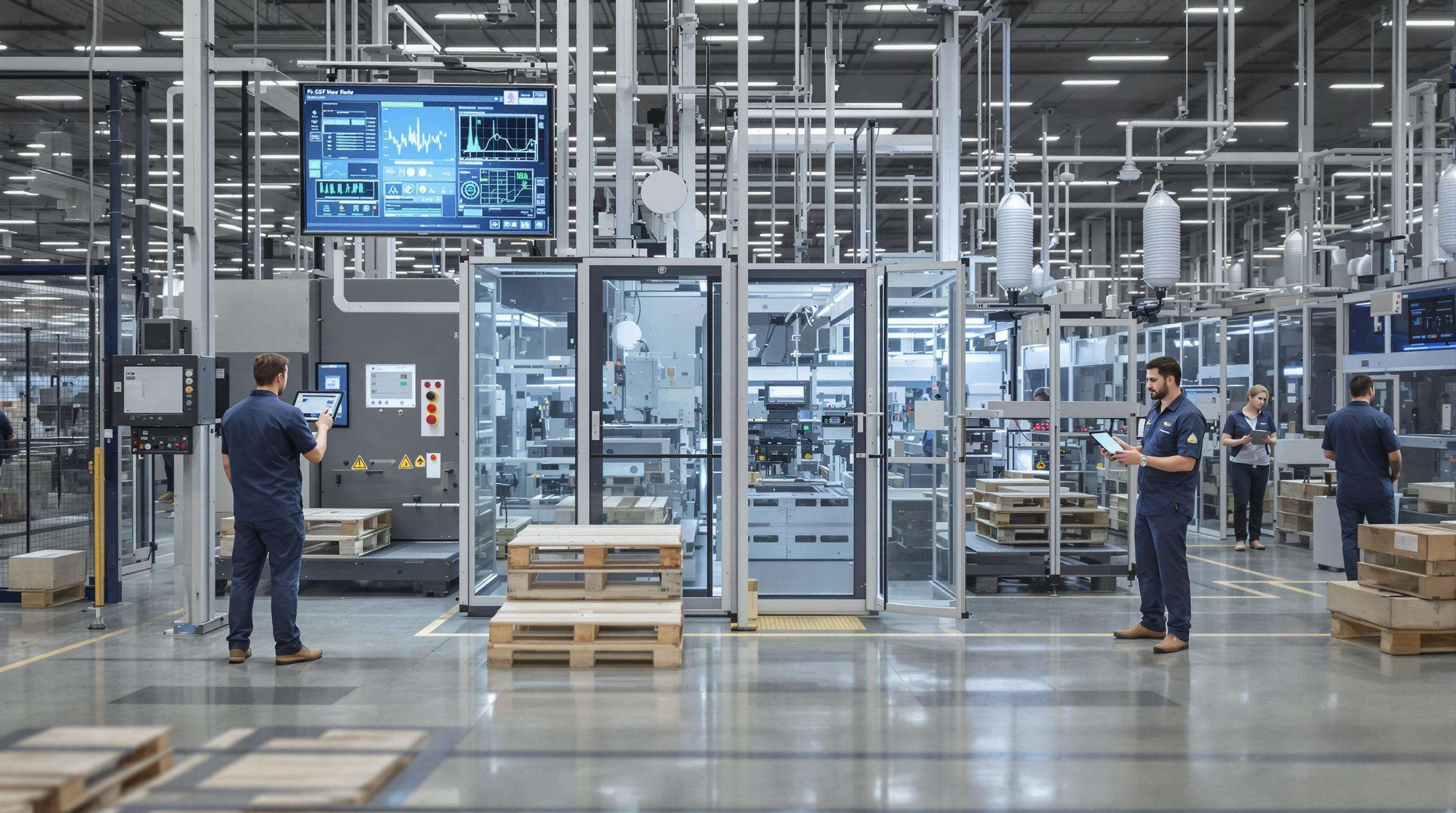 Technicians monitor IoT-equipped pallet machinery and digital dashboards in a smart factory