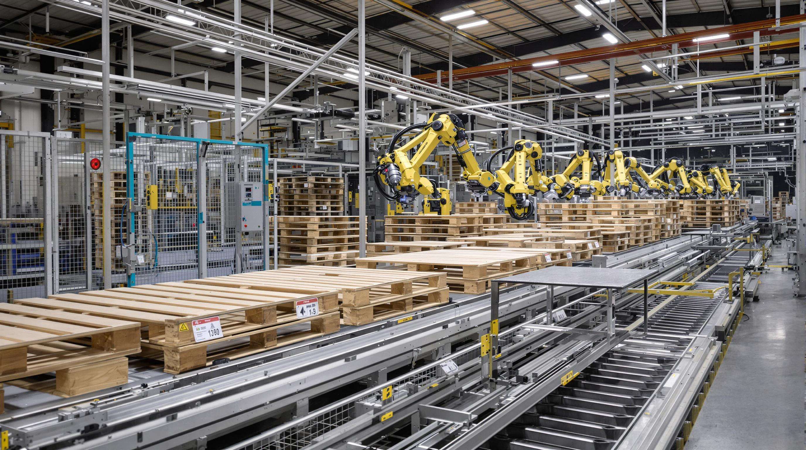 Robotic arms assembling pallets in an automated production line within a modern factory setting