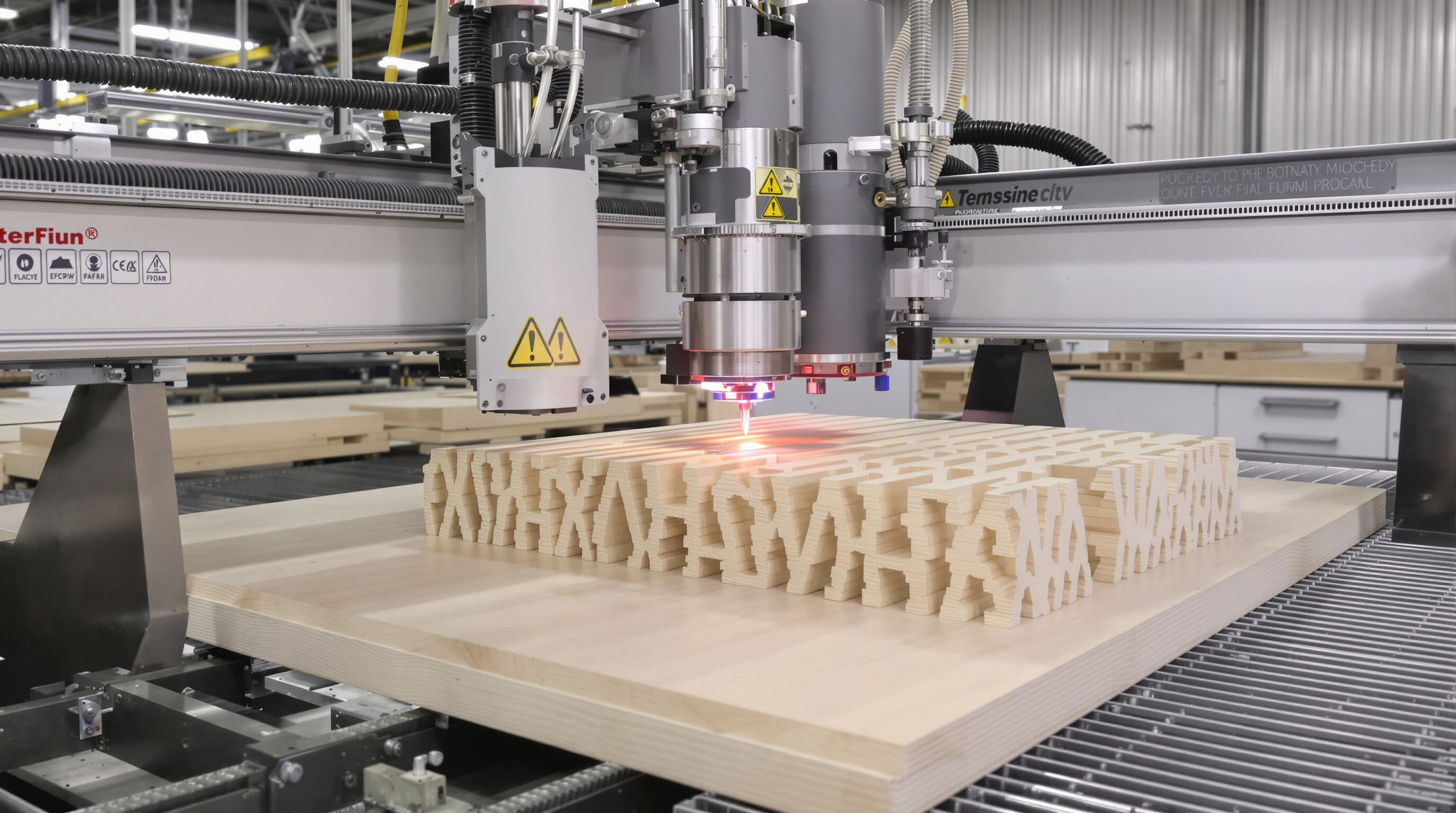 Factory CNC machine cutting dovetail joints into plywood panels for nailless box assembly