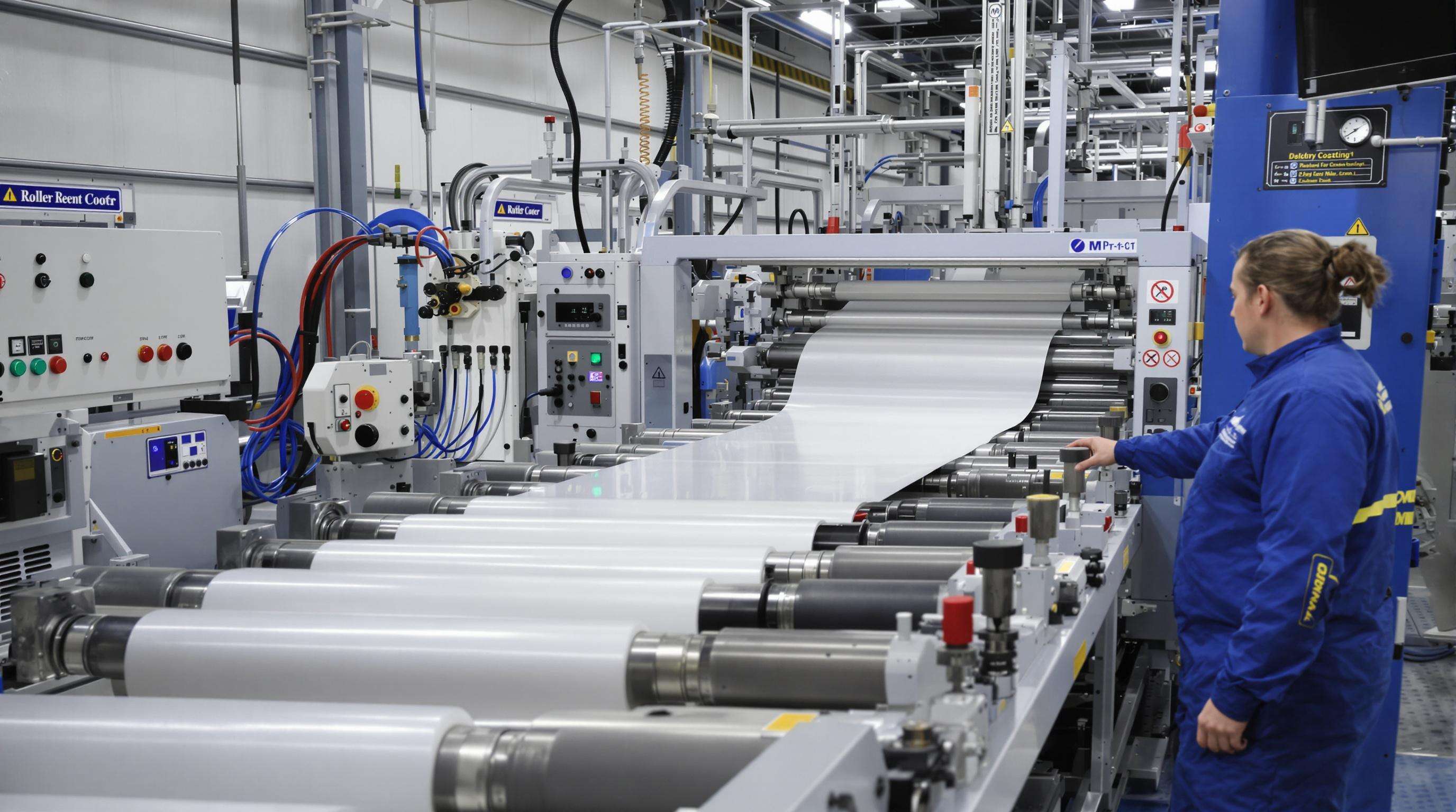Roll coating line in a factory where an operator oversees web tension as material passes over rollers with visible sensors
