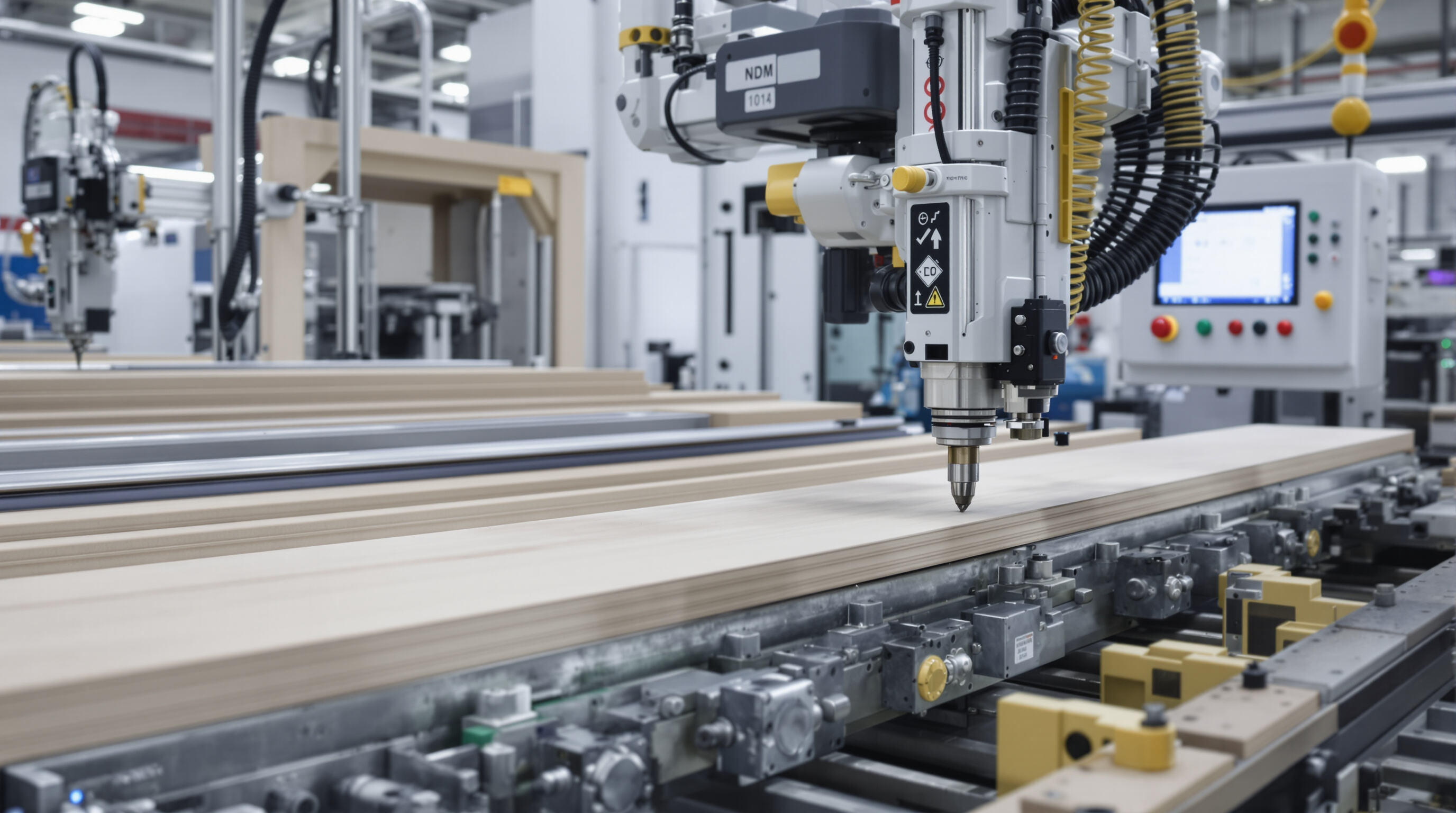 Automated nailing machine assembling wooden pallets with servo motors and PLC controls visible
