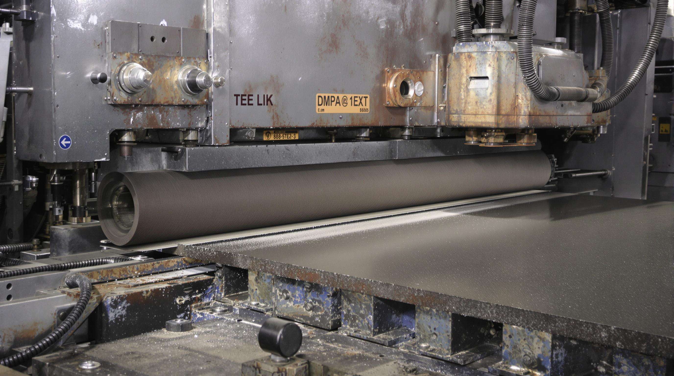 Industrial wide belt sander removing mill scale from a steel plate, emphasizing contact wheels and pressure controls