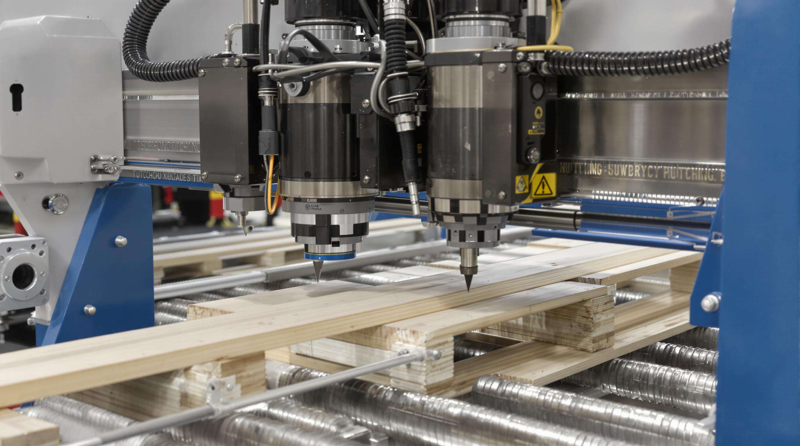 Close-up photograph of a wood pallet notching machine highlighting its dual cutting heads and hydraulic systems in a workshop.