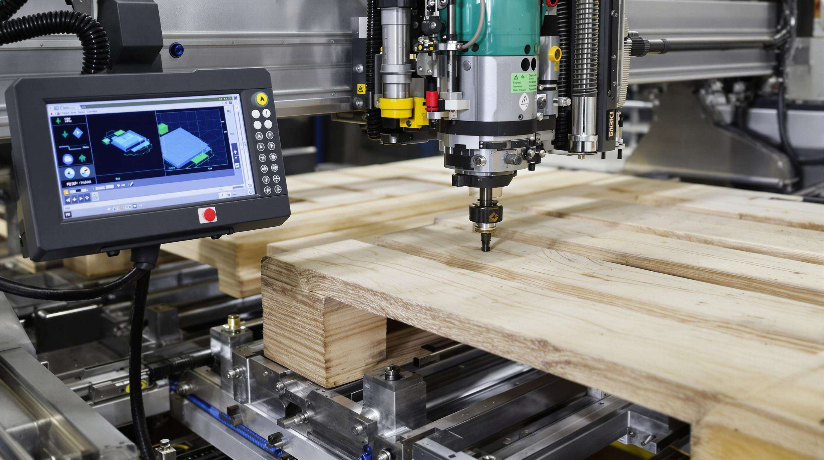 CNC nailing machine precisely assembling a wooden pallet, showing control panel and automated mechanical parts