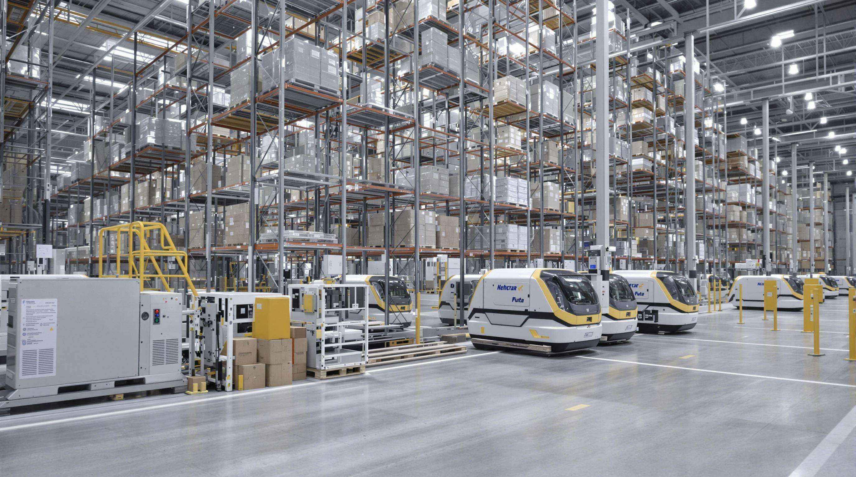 Autonomous pallet shuttles transporting pallets in a modern warehouse with visible automated assembly equipment
