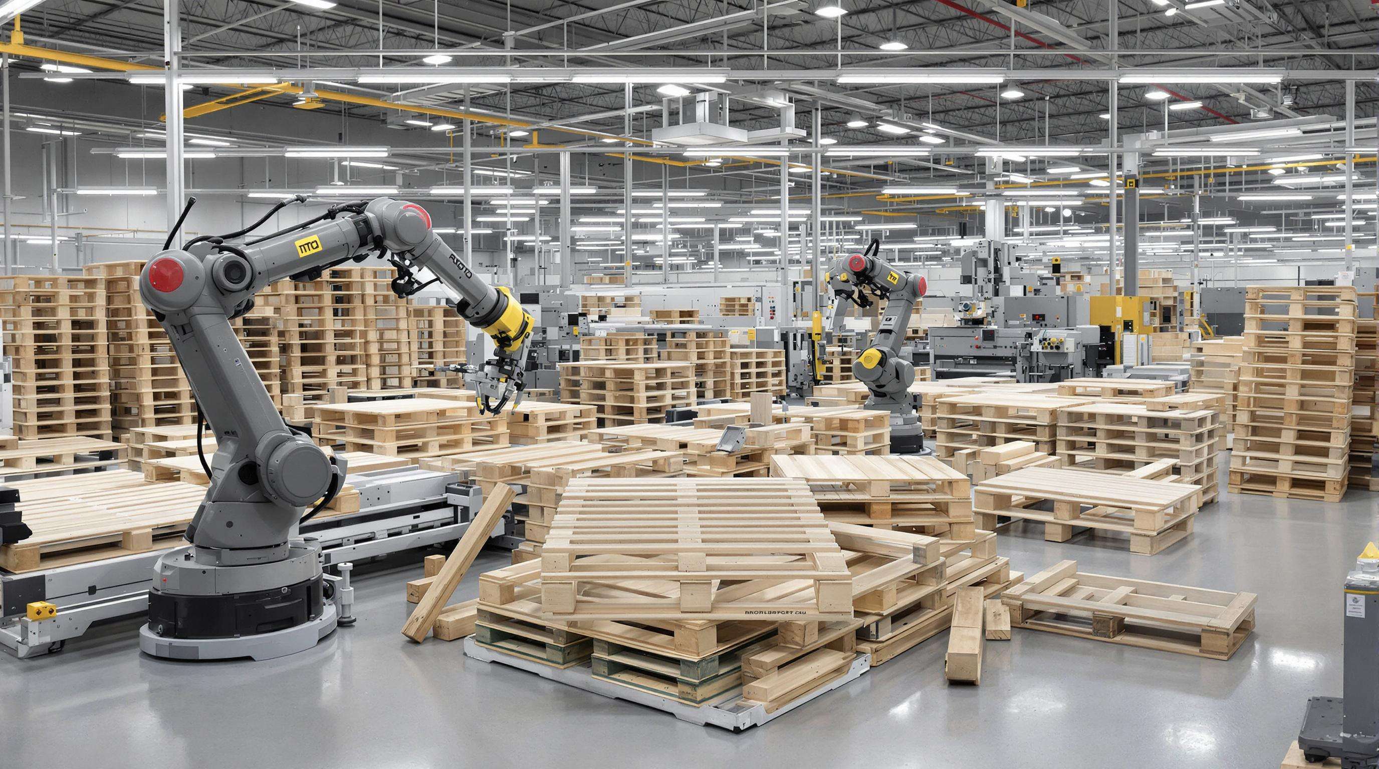 Industrial robots and automated machinery assembling wooden pallets in a modern factory