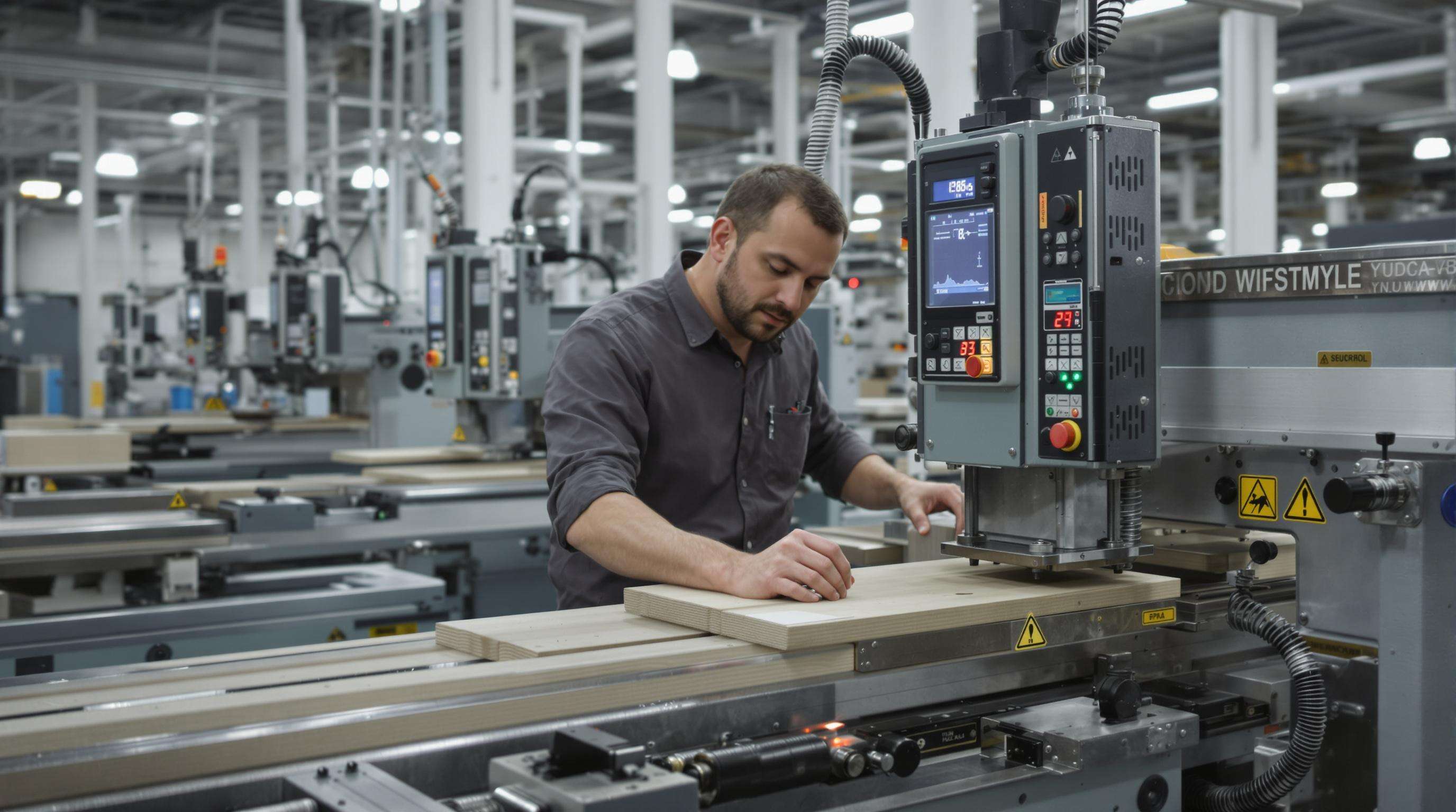 Technician evaluating woodworking machines for build quality and performance in a factory
