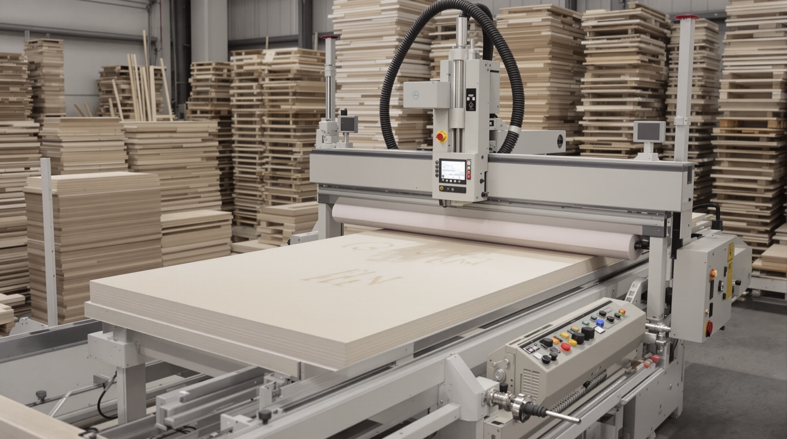 A modern automated brush sanding machine in a woodworking factory, showing PLC controls and sensors