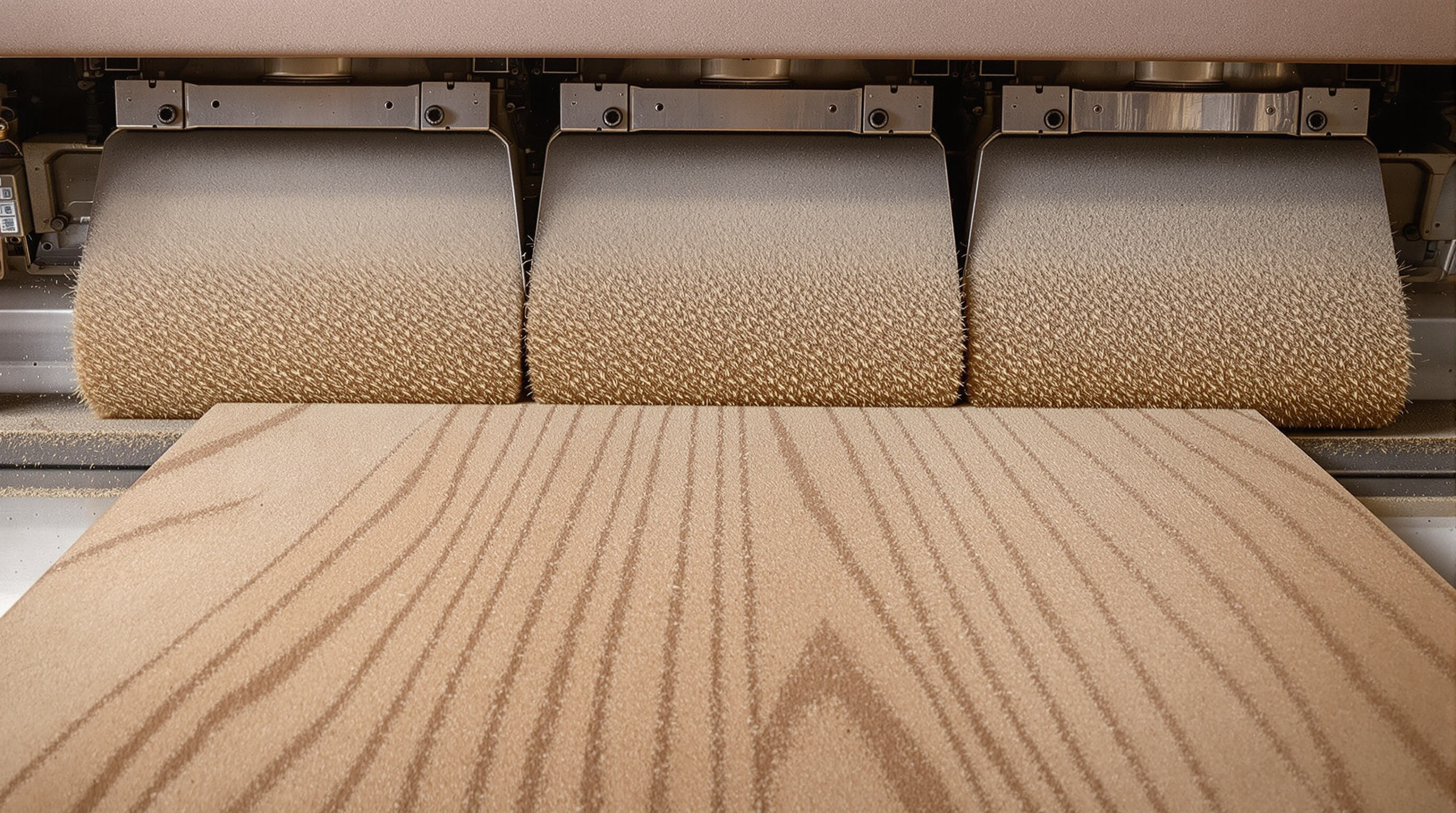A brush sanding machine with three sanding head stages working on a wooden plank, showing grit progression