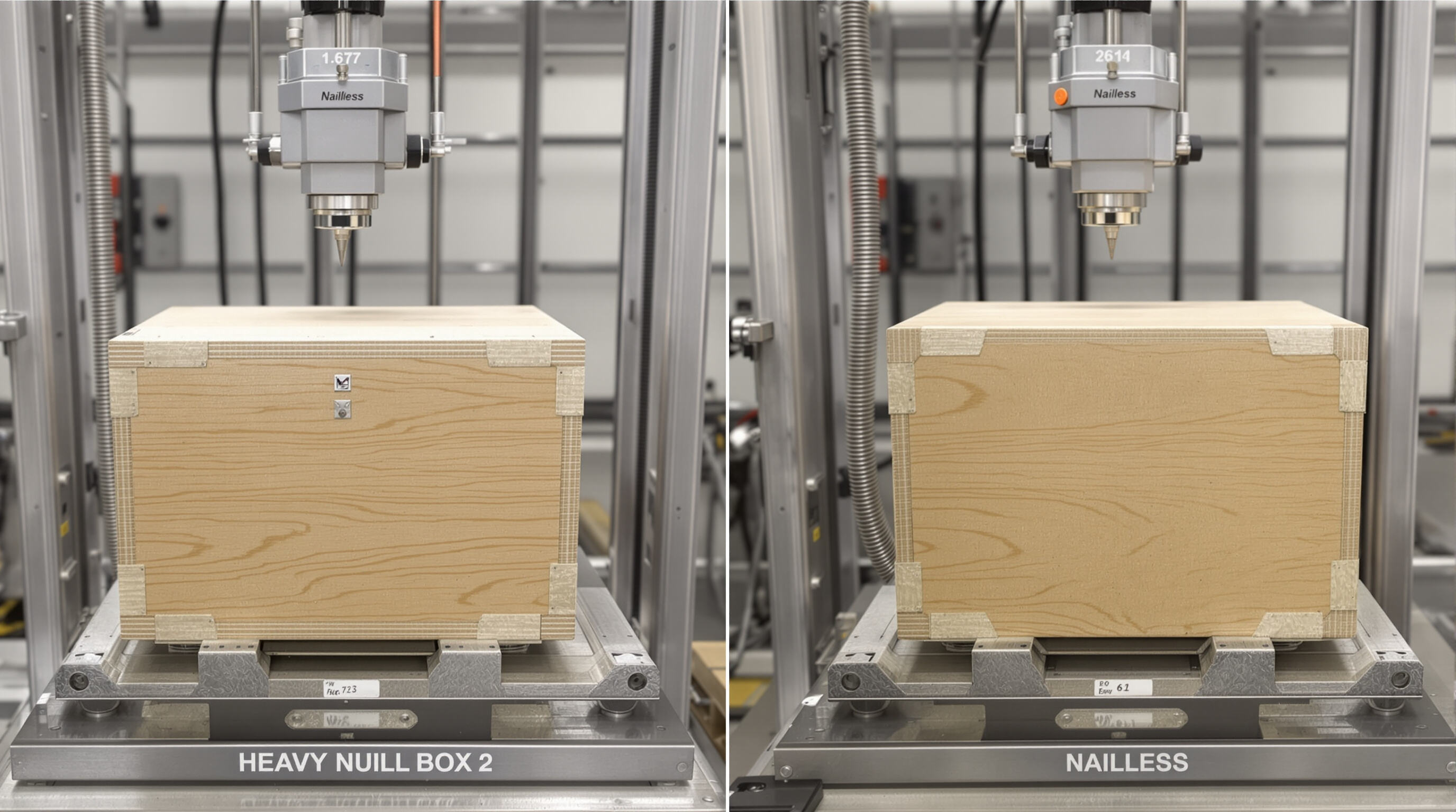 Two plywood boxes undergoing strength tests: one nailed, the other using interlocking joints without hardware