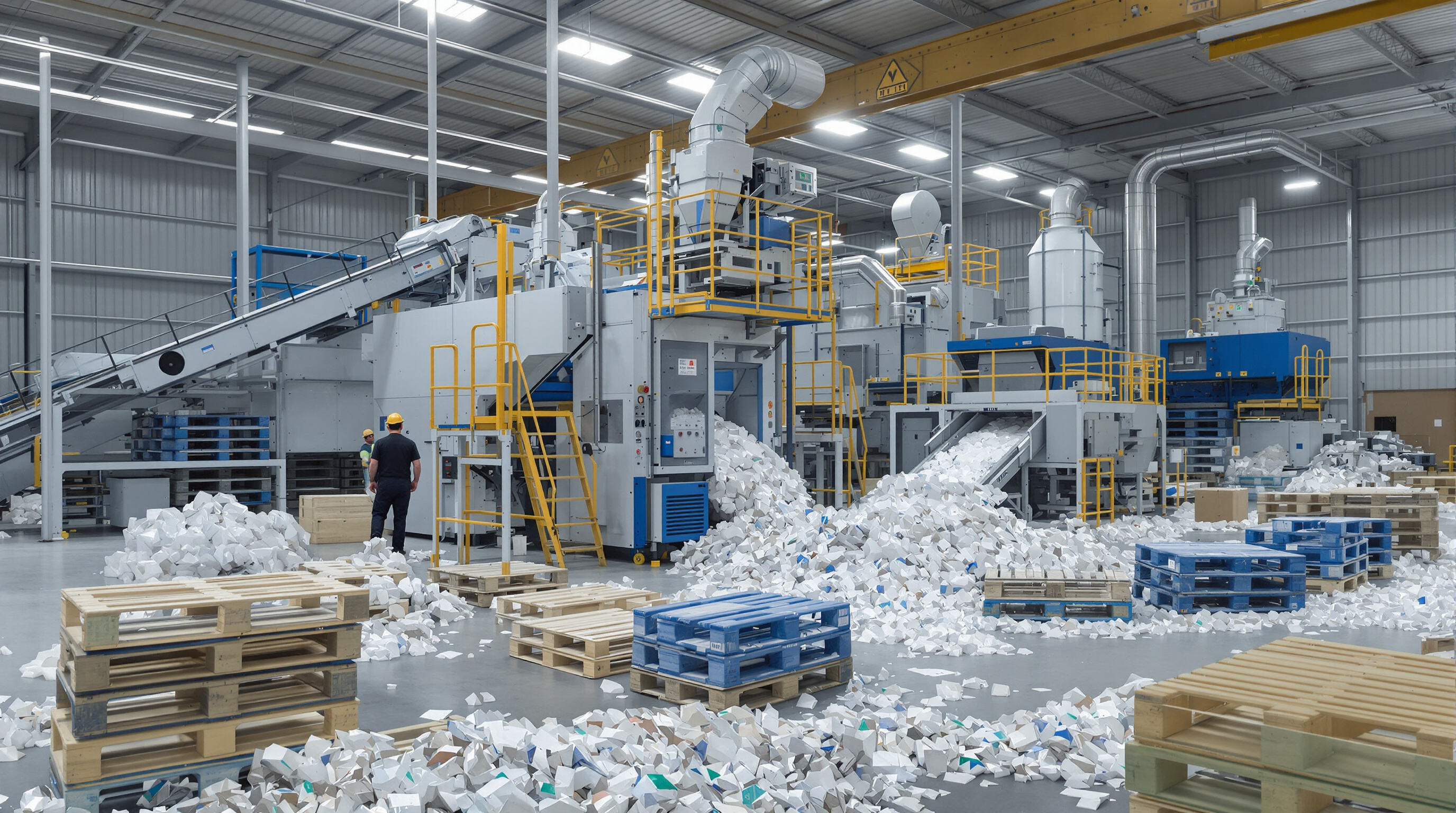 Industrial recycling facility with pallet shredders and granulators processing plastic pallets