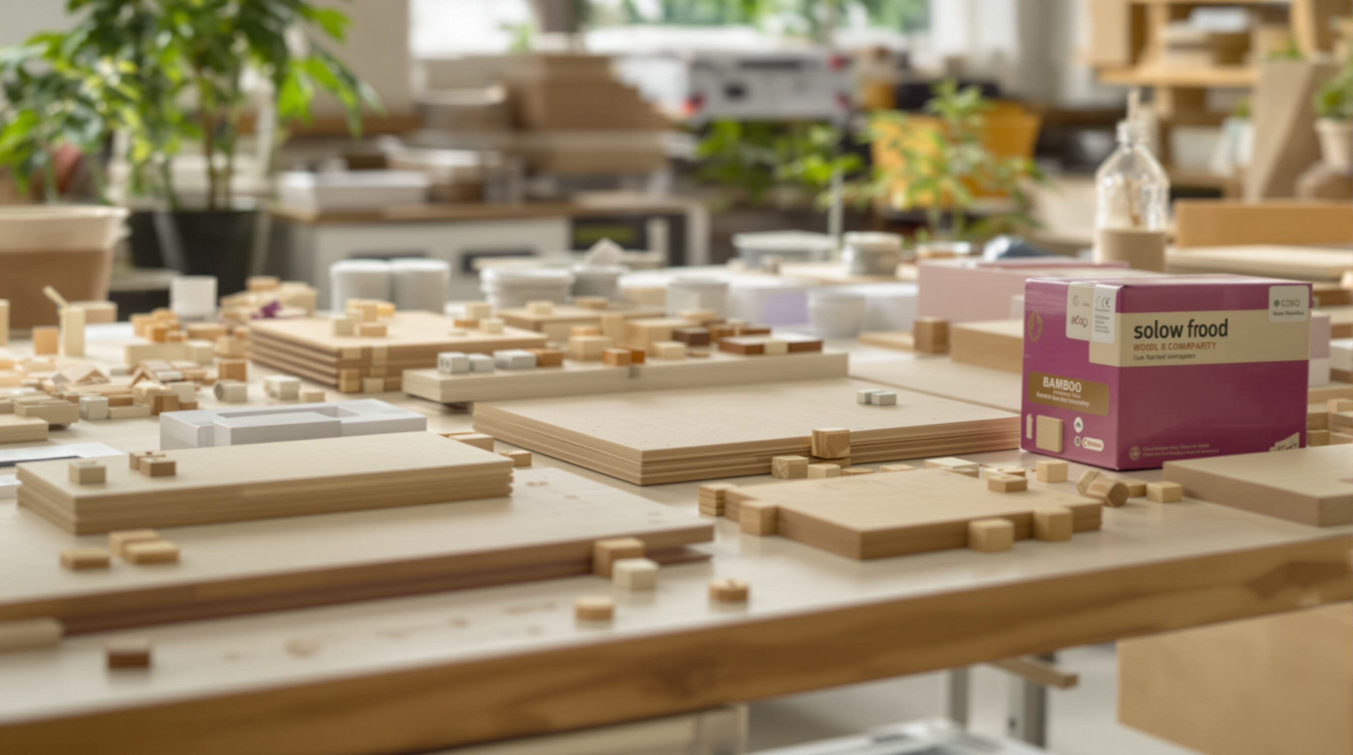 Eco-friendly wood packaging materials such as bamboo composite and plant-based adhesives displayed on a workshop table