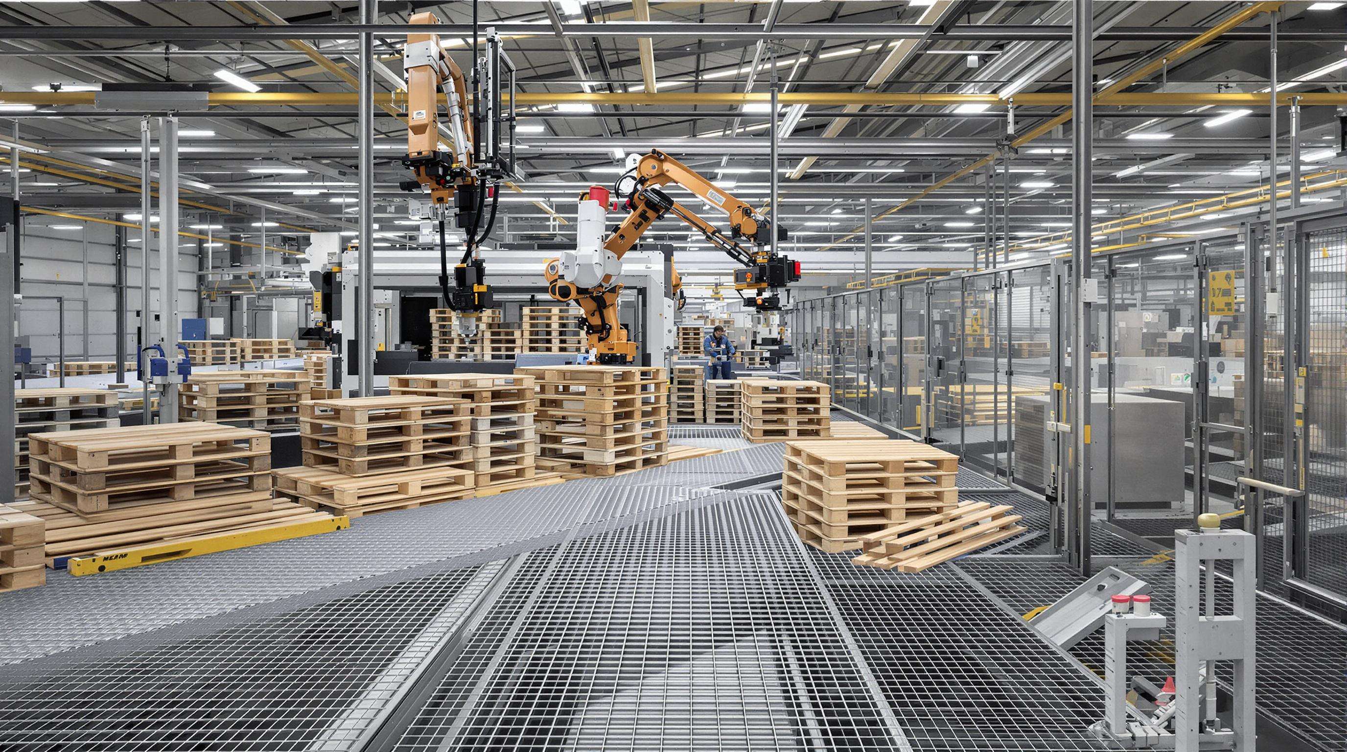 Automated pallet manufacturing line with robotic arms and inspection cameras over a conveyor