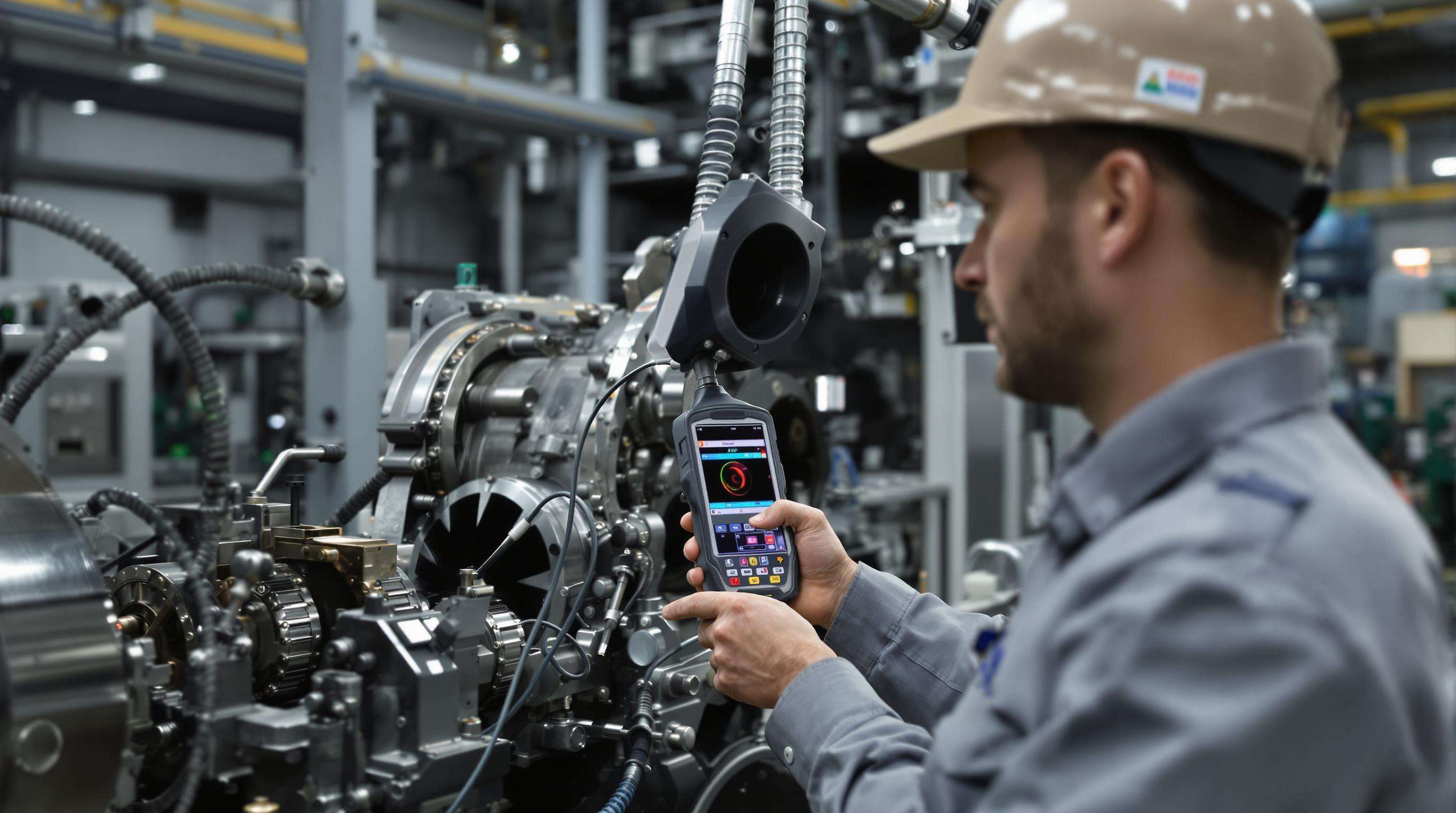 Technician uses vibration analyzer and thermal camera to inspect machinery in a factory setting.