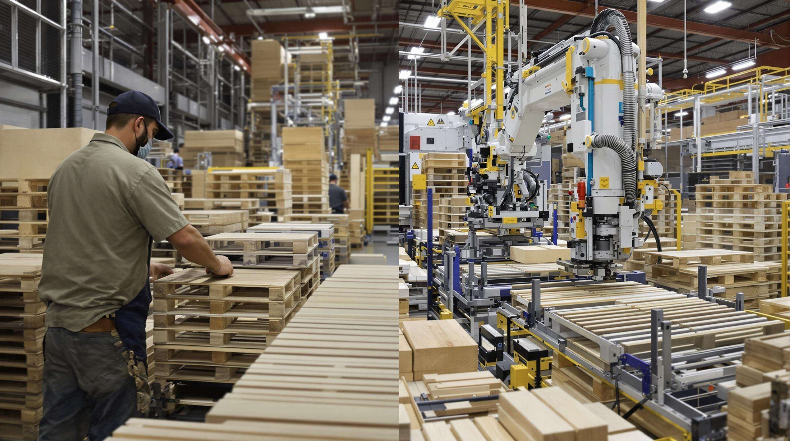 Manual pallet assembly by workers contrasted with a fully automated robotic pallet production line