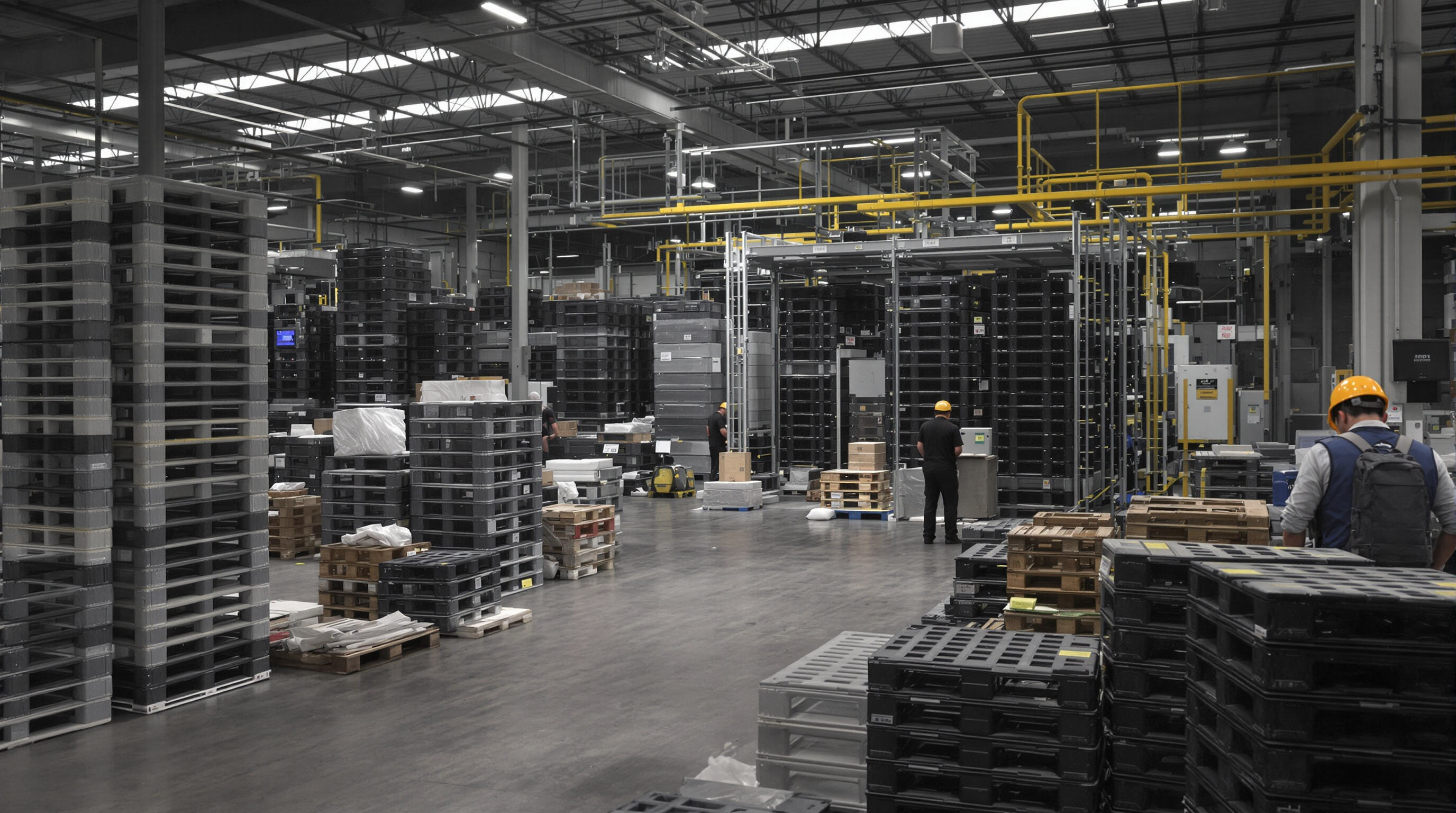 Warehouse showing recycled plastic pallets, sorting machinery, and reduced waste storage area