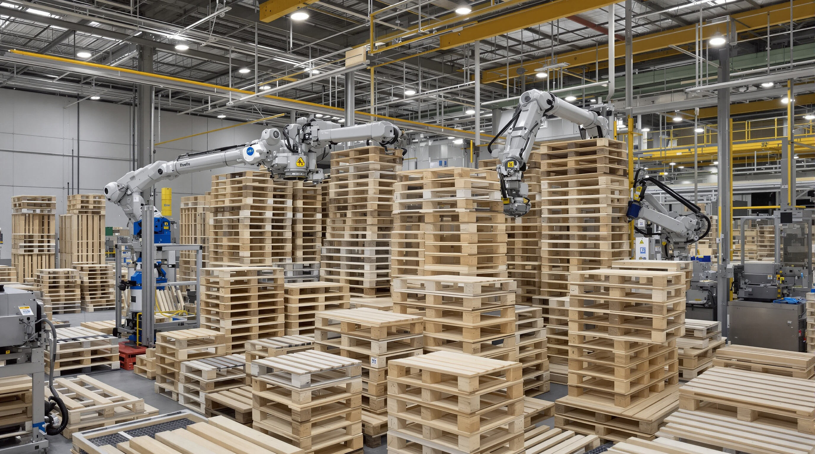 Robotic arms and machines assembling wood pallets in an automated factory