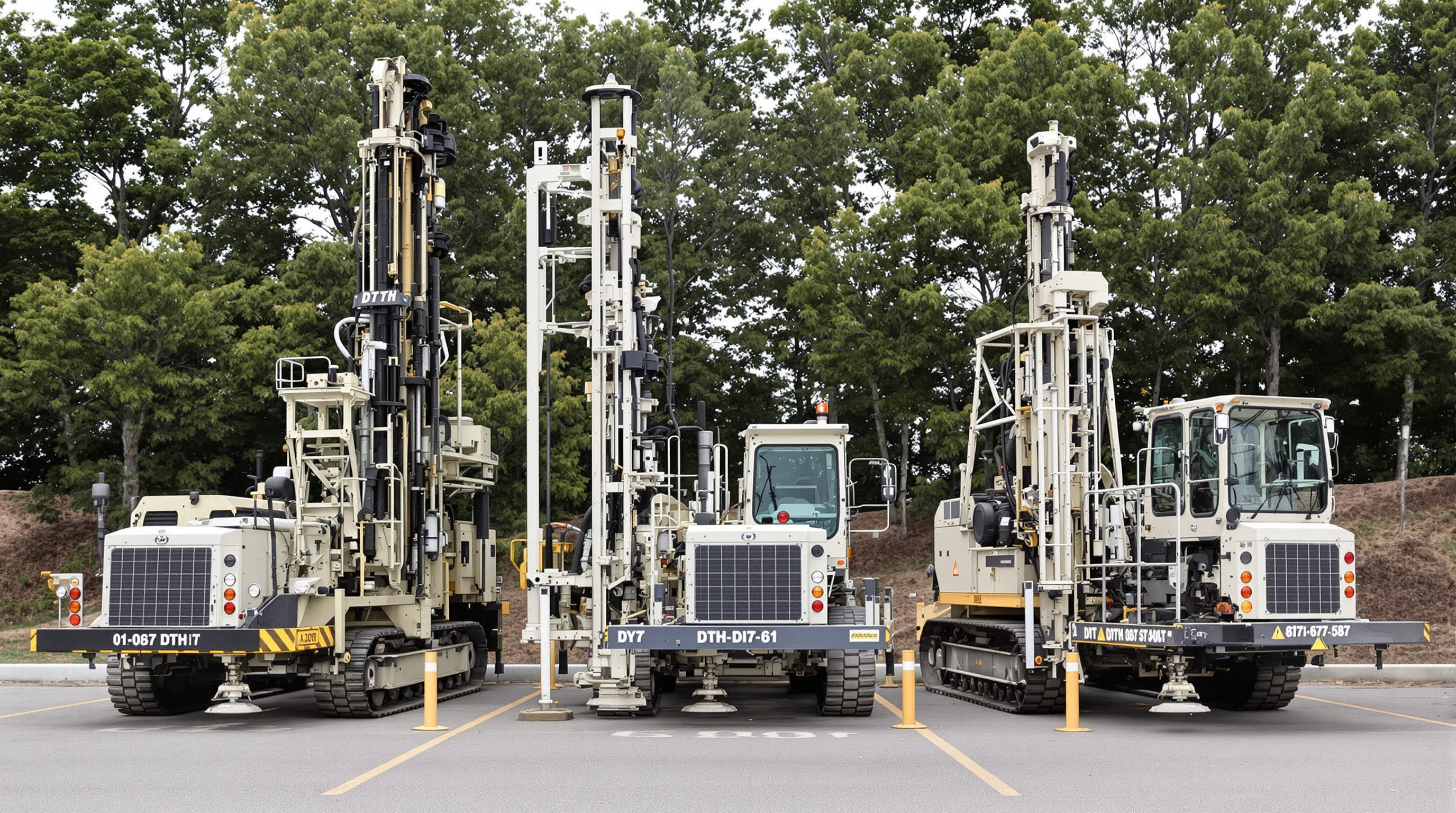 Three types of DTH drill rigs for construction, mining, and water well projects arranged side by side on a work site