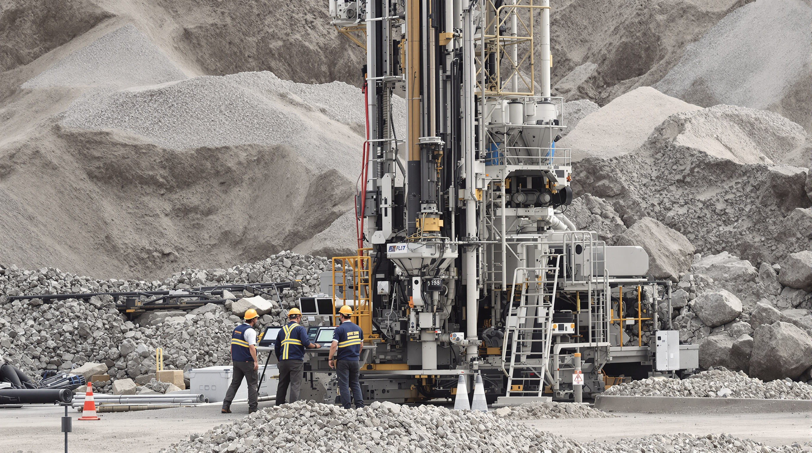 Modern quarry drilling rig equipped with digital sensors and modular hammer parts, operators nearby observing screens, set in a rocky quarry environment.
