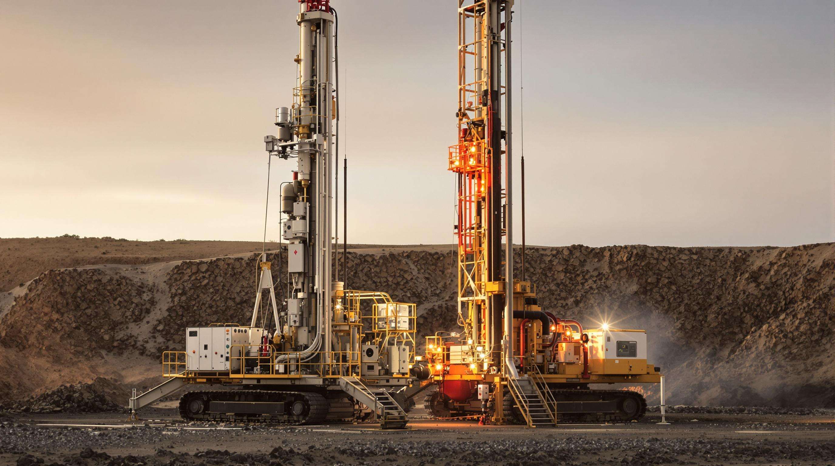 Photo of two DTH drill rigs, one electric and one hydraulic, operating side by side in a quarry with distinct energy system components visible.