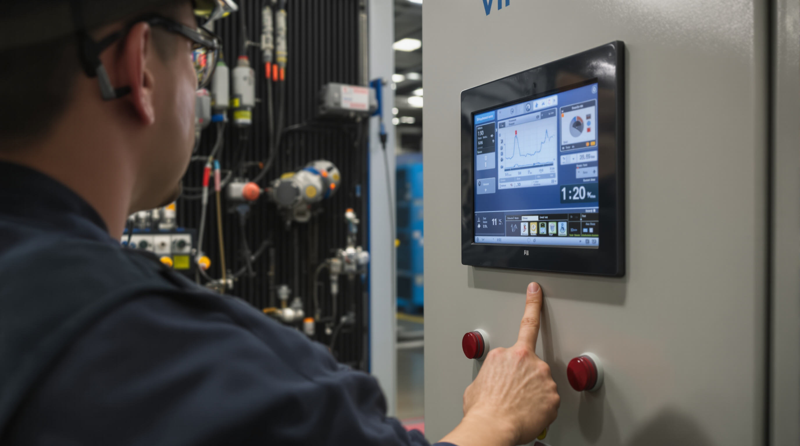 Engineer using touchscreen control system on modern industrial air compressor