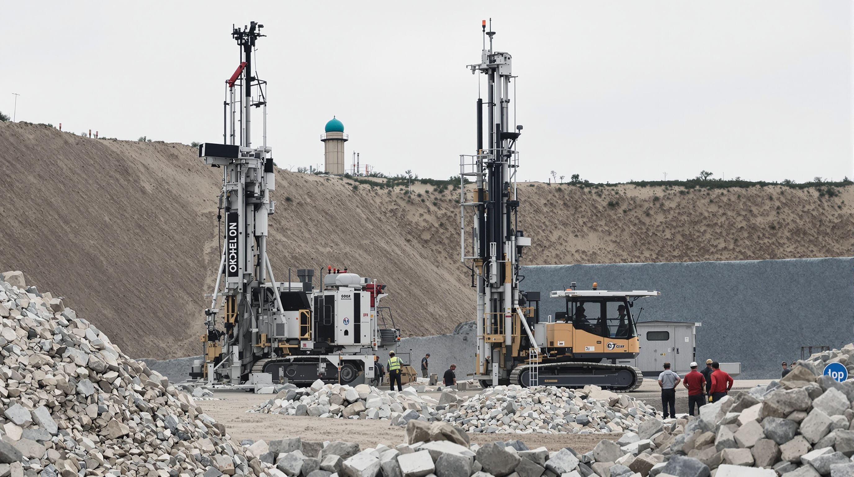 Comparison of modern DTH drill rig and conventional rig in a quarry, workers examining both machines with stone piles in the foreground.