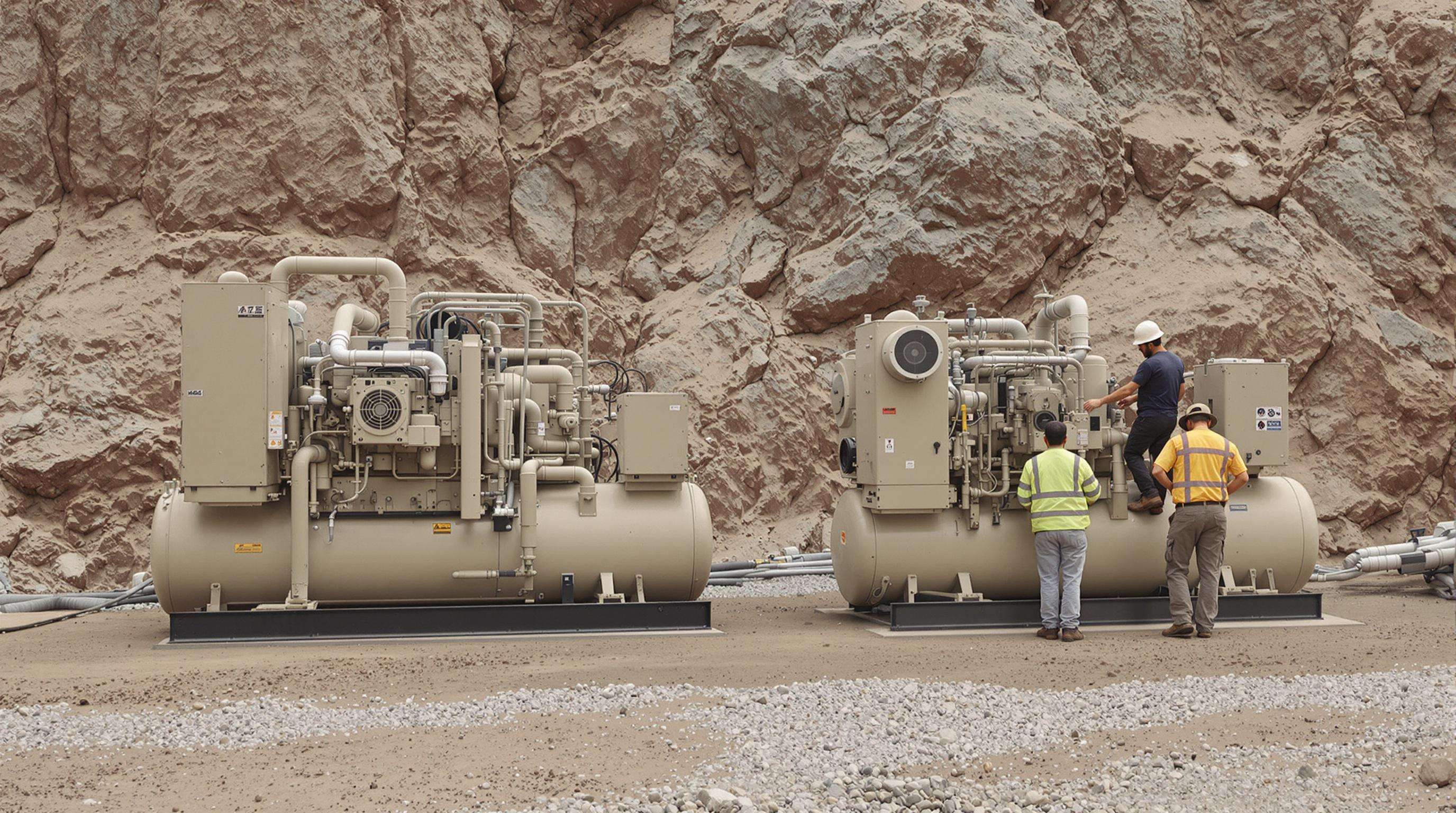 Diesel air compressors in a mining site with rugged exteriors and technician performing maintenance inspection