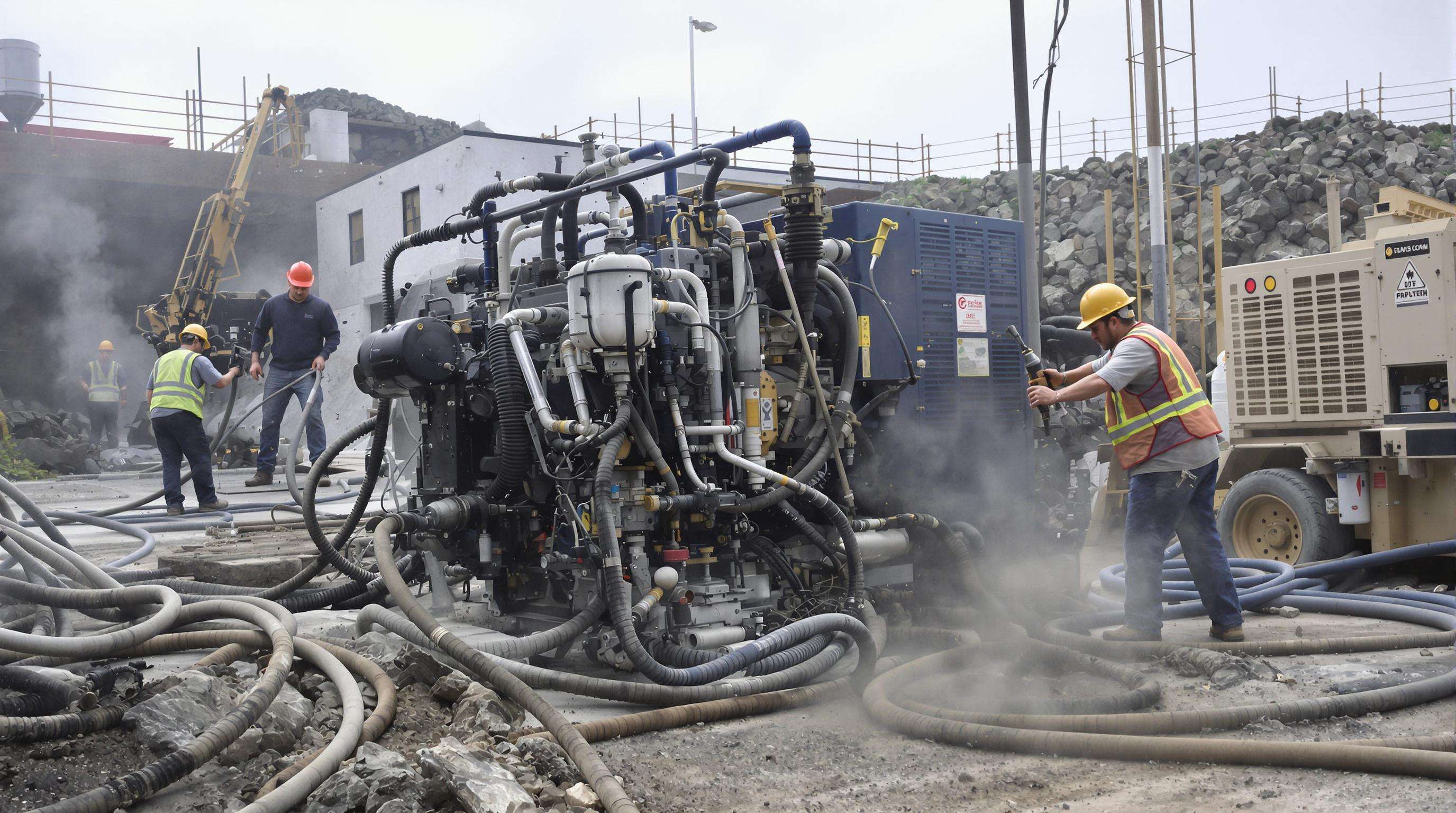 Diesel air compressor powering heavy pneumatic tools at a busy construction site