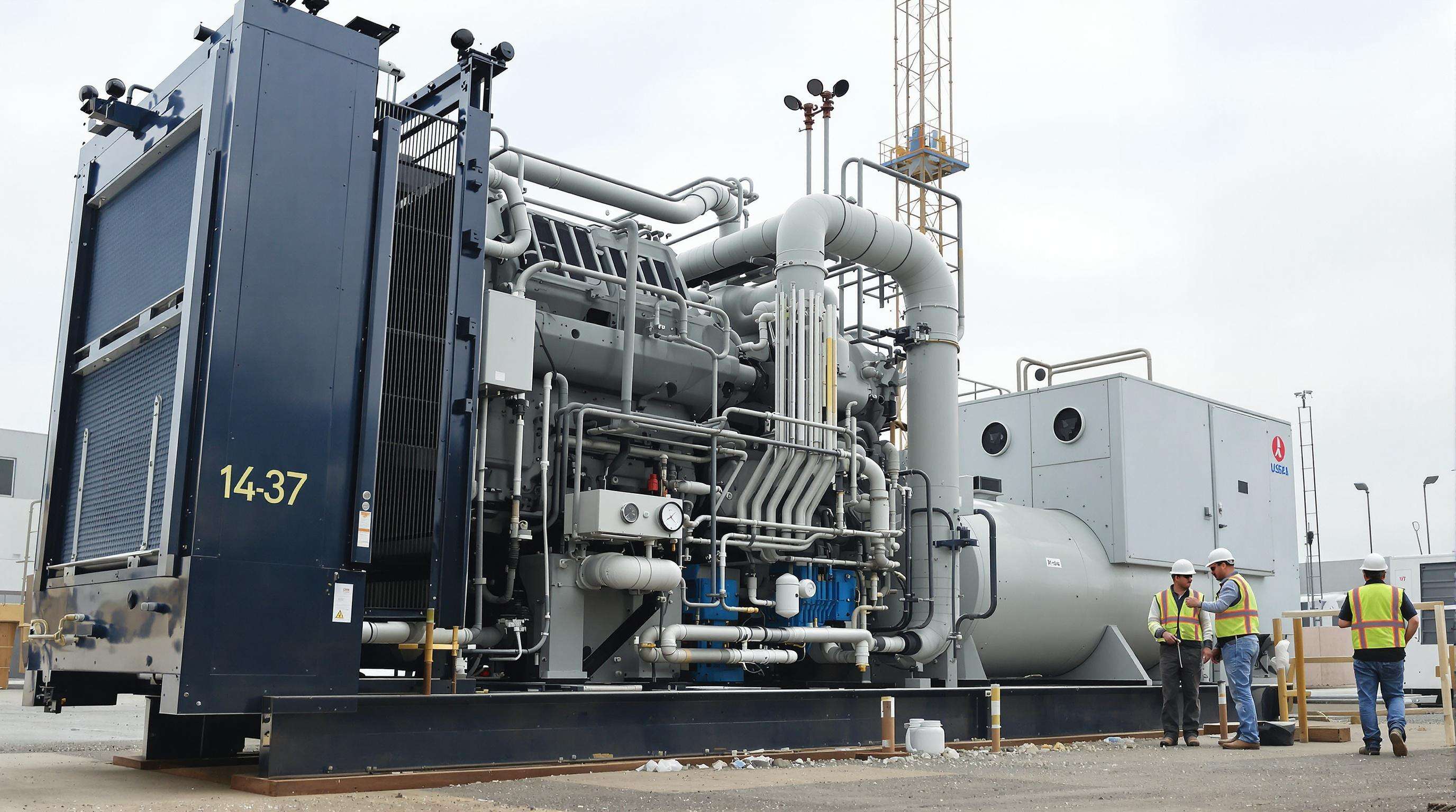 Industrial diesel air compressor running at a construction site, with visible engine parts and technicians monitoring output