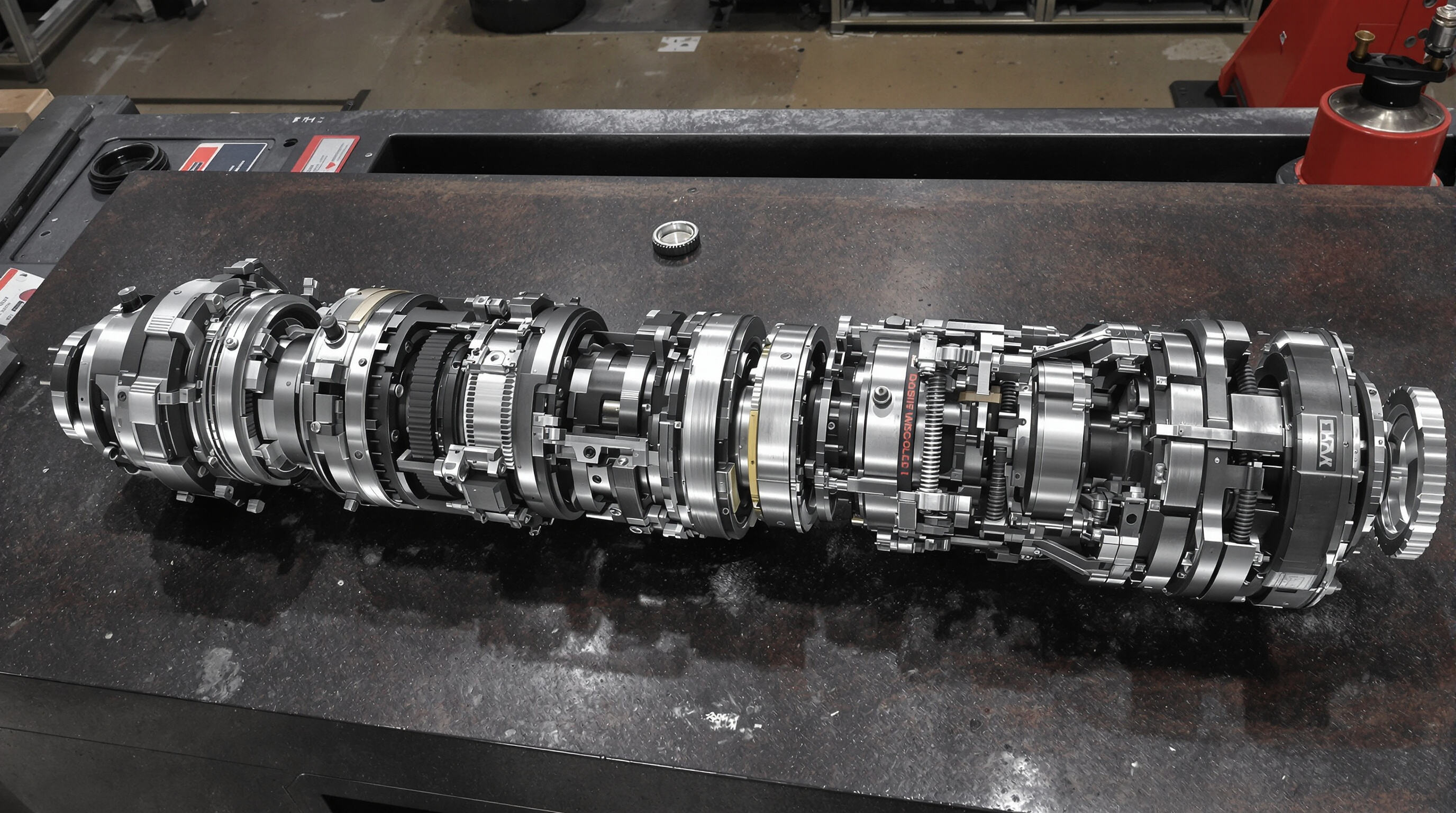 High-performance DTH hammer opened on a workbench displaying its specialized internal engineering features