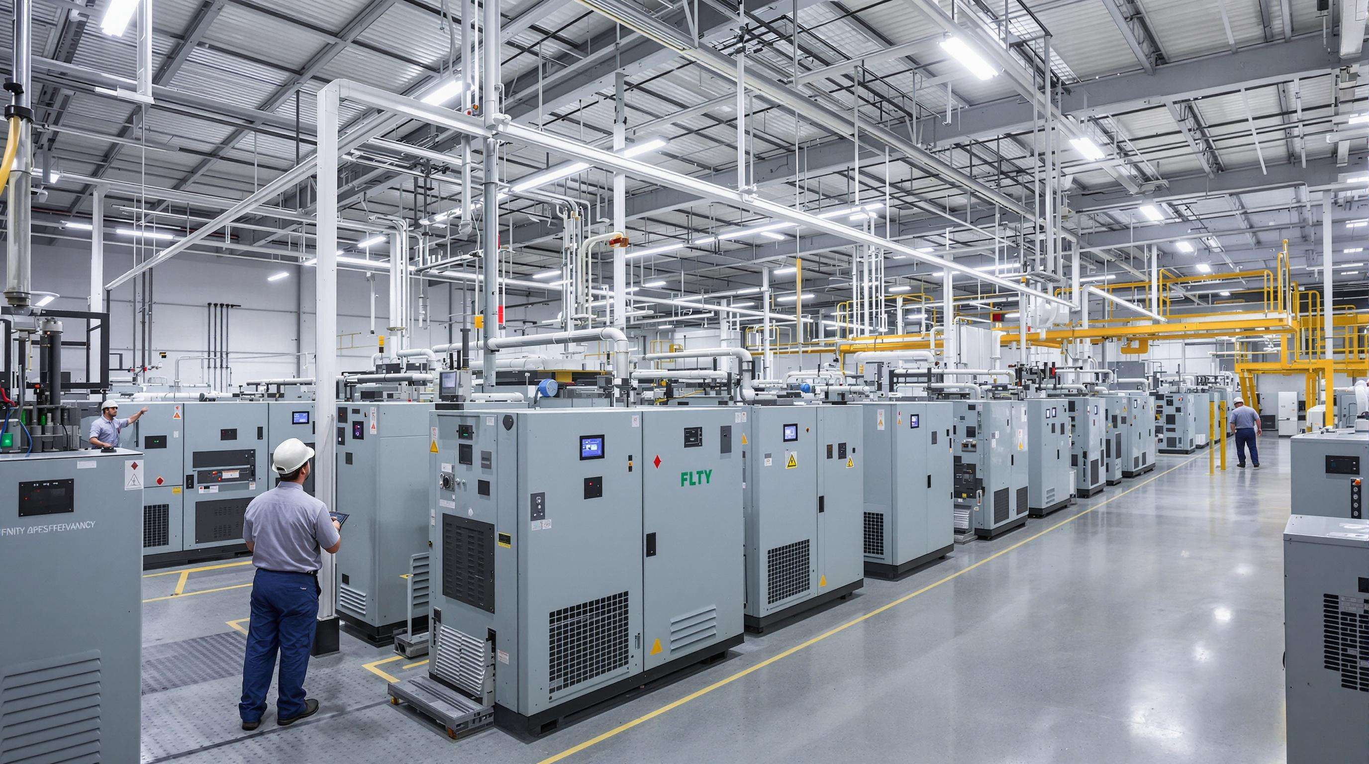 Technicians monitoring energy-efficient industrial air compressors in a modern factory