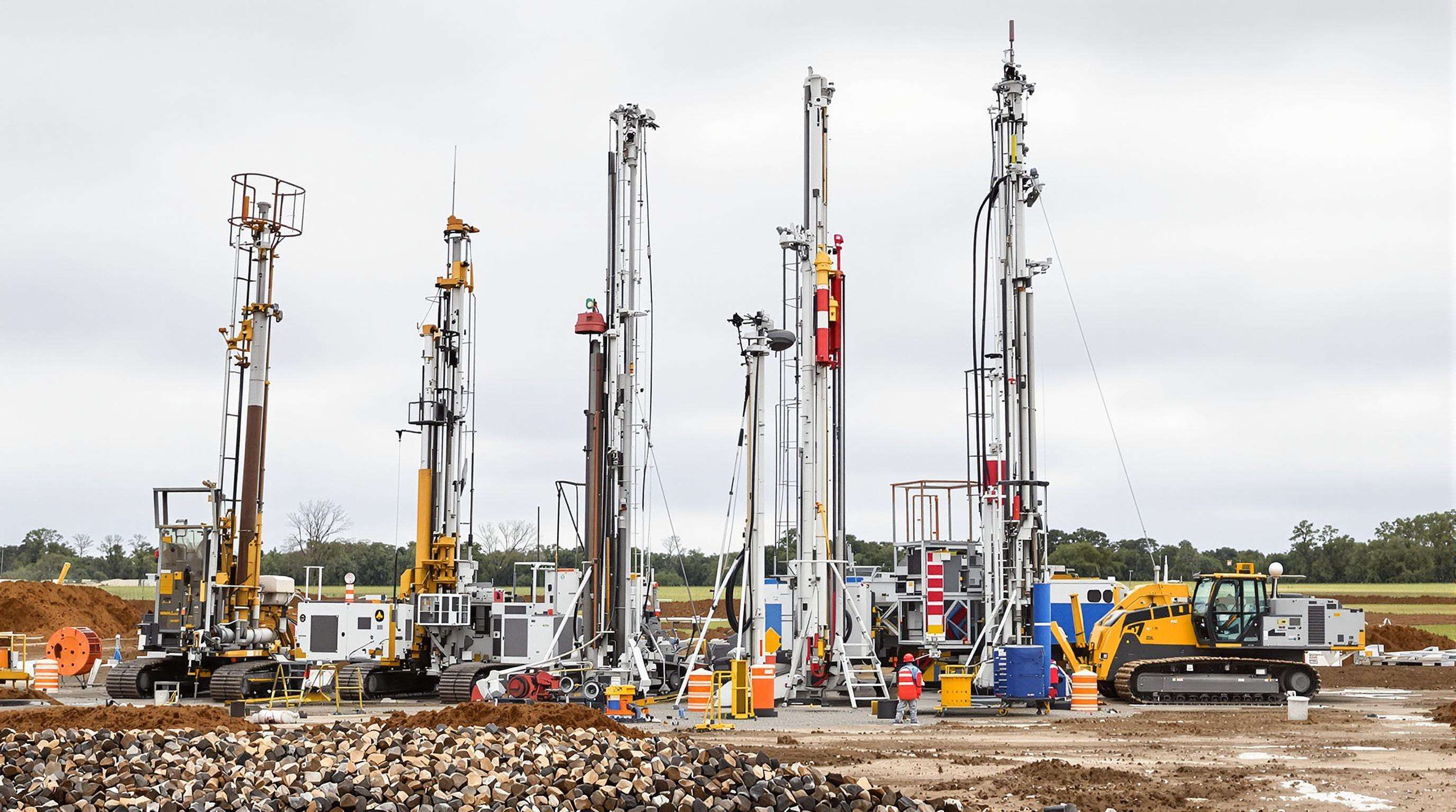 Borehole drilling machines of various sizes on a worksite with geological survey tools