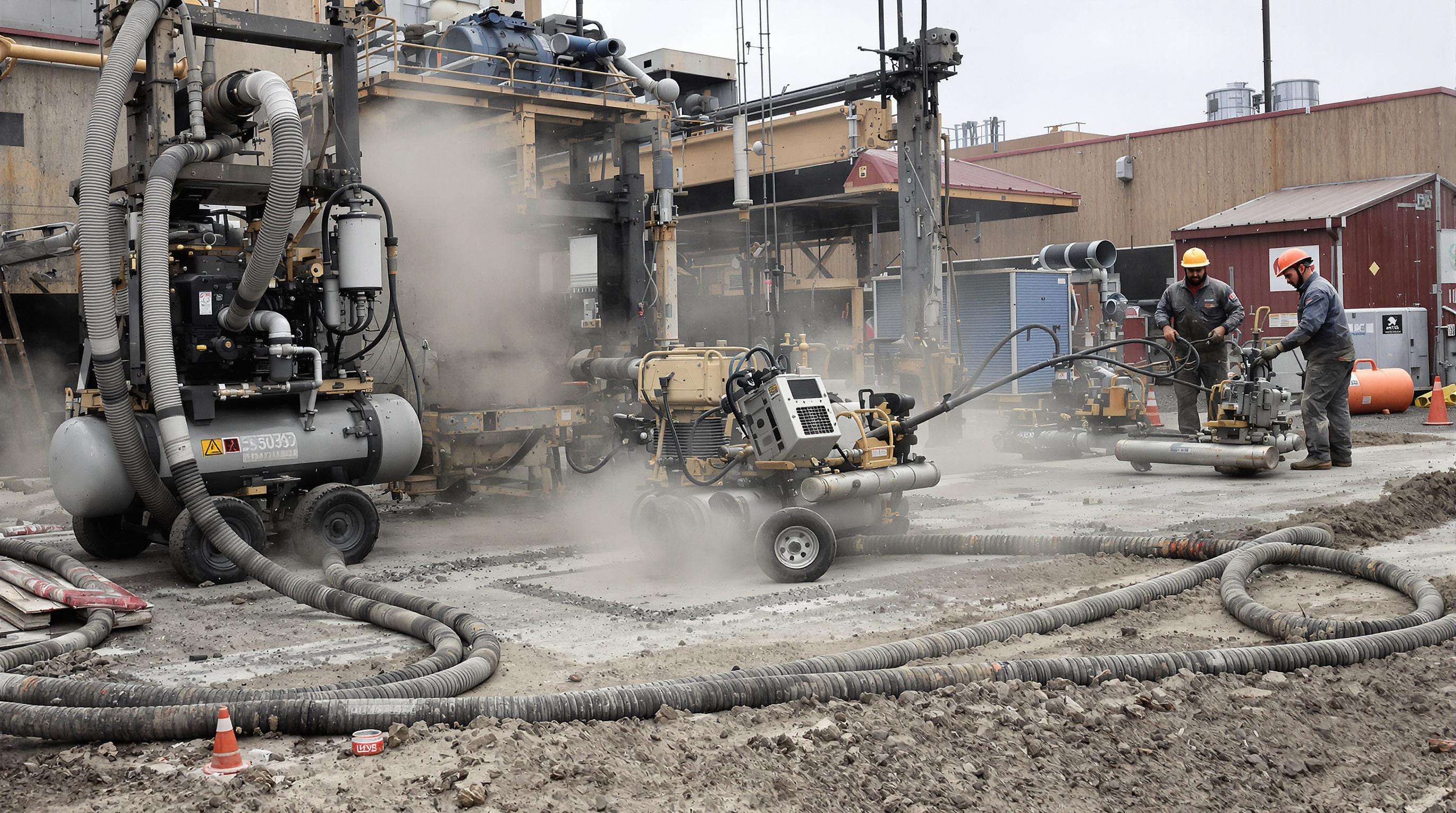 Diesel air compressor in use powering multiple tools on a dusty industrial site
