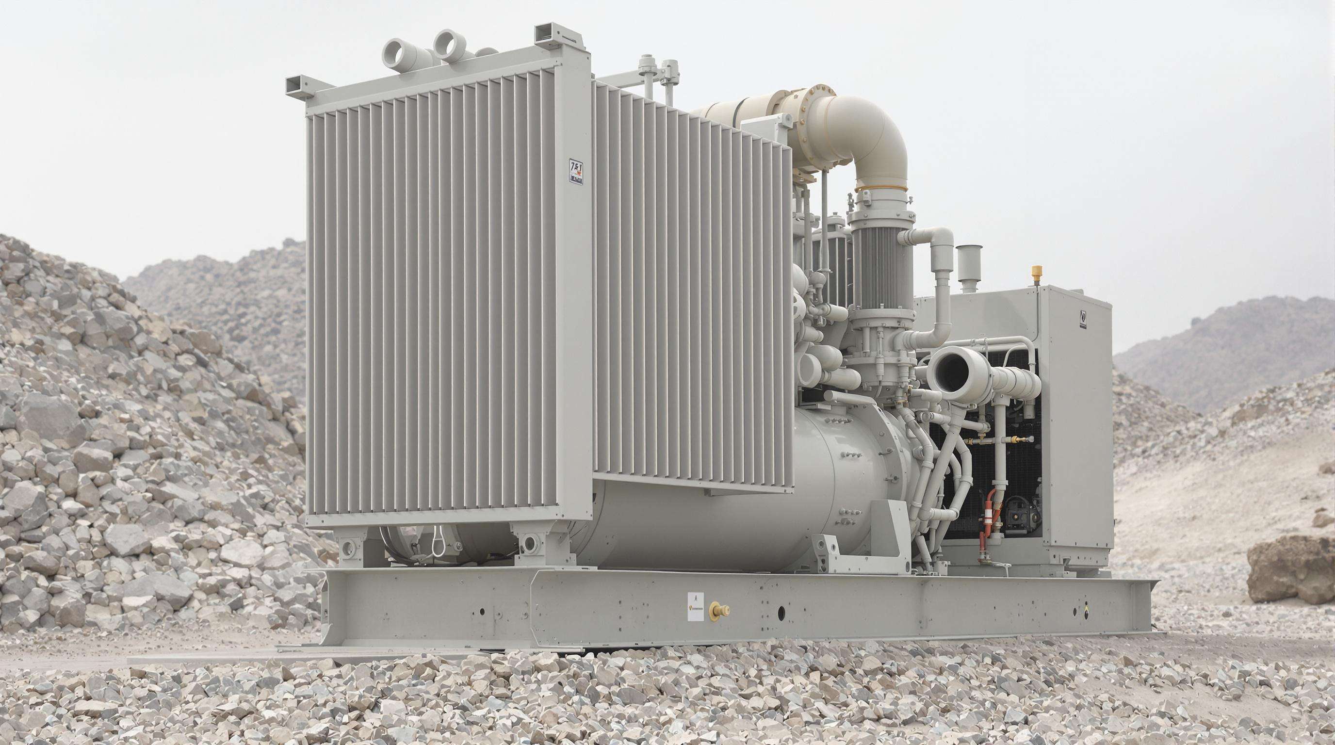 Close view of heavy-duty air compressor's cooling fins and rugged frame in a harsh environment