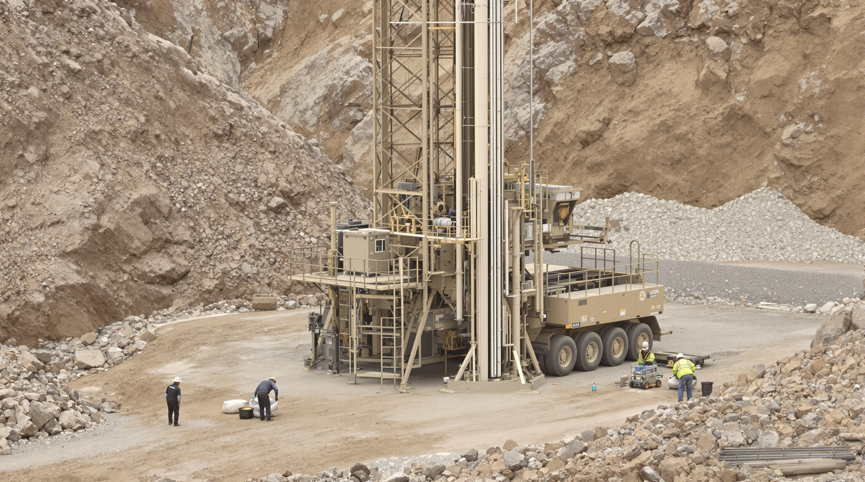 Large DTH drill rig in operation at a mining site with workers changing modular parts in a rocky landscape