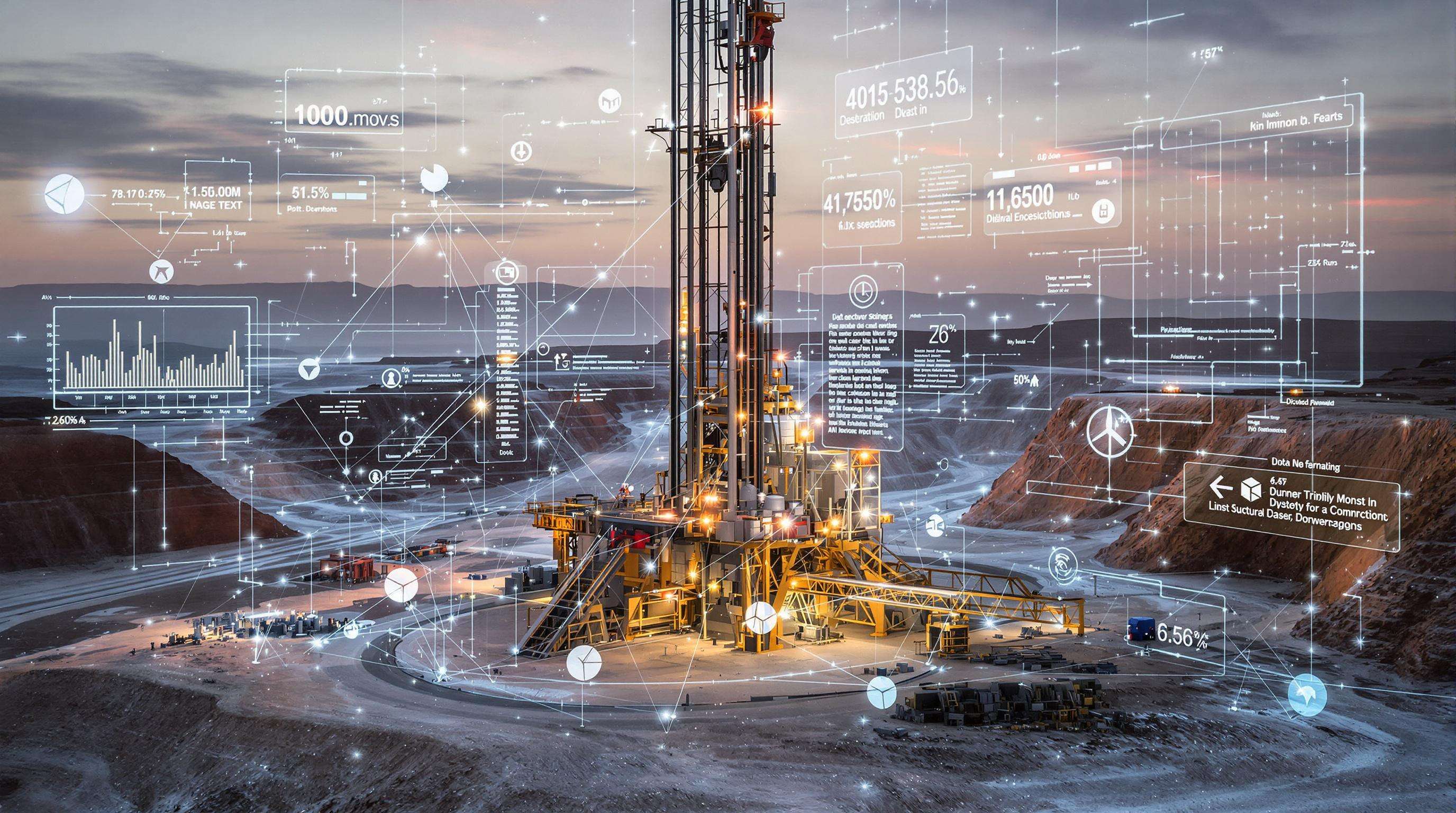 AI-enabled DTH drill rig with digital holographic overlays and visible IoT sensors in a mining site
