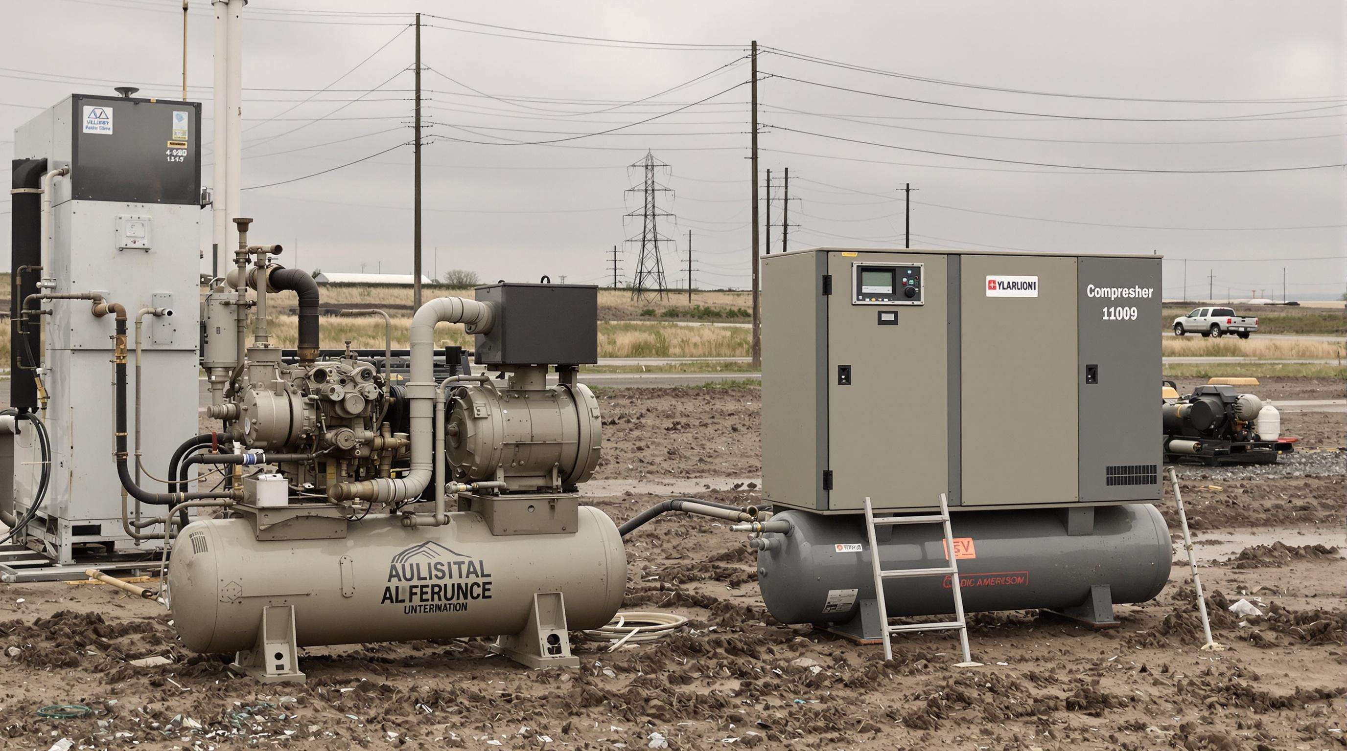 Diesel and electric air compressors side by side in a rugged remote jobsite environment