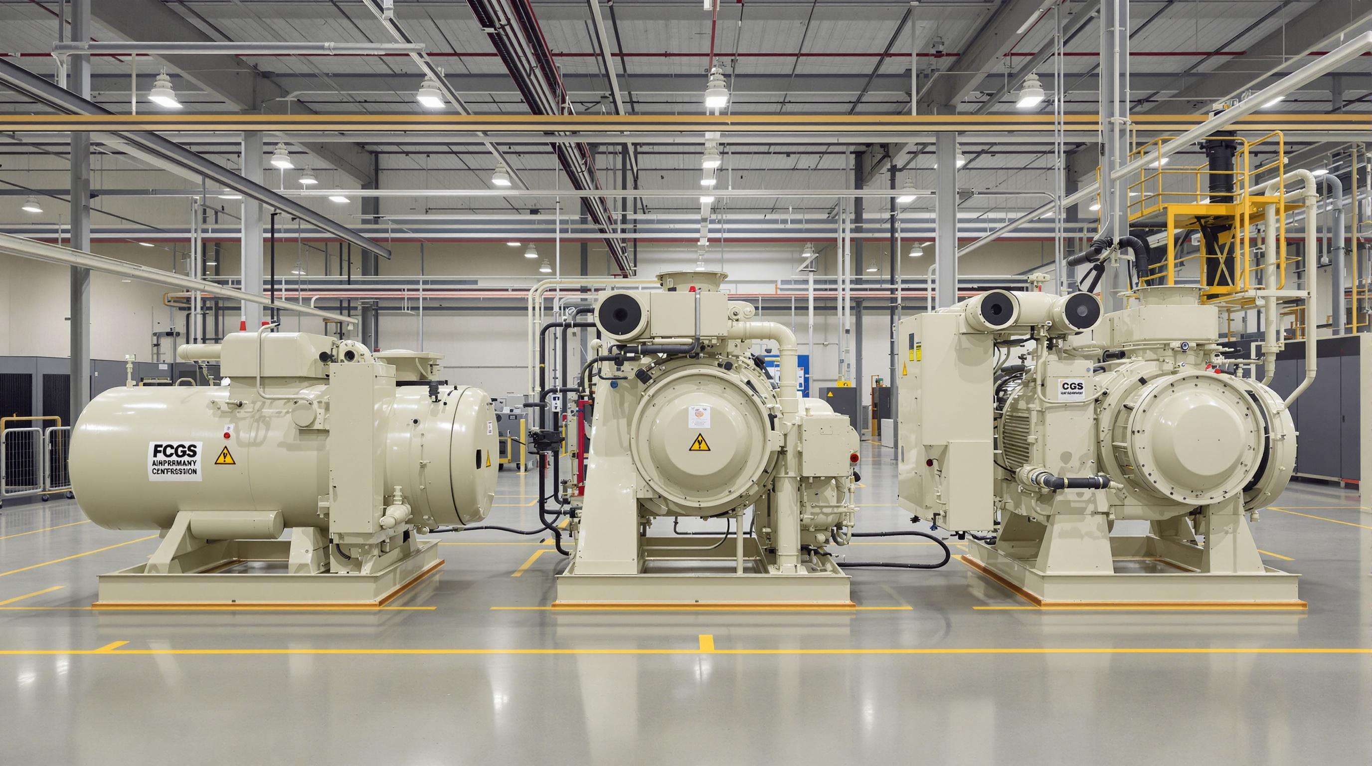 Three different types of industrial air compressors lined up in a factory