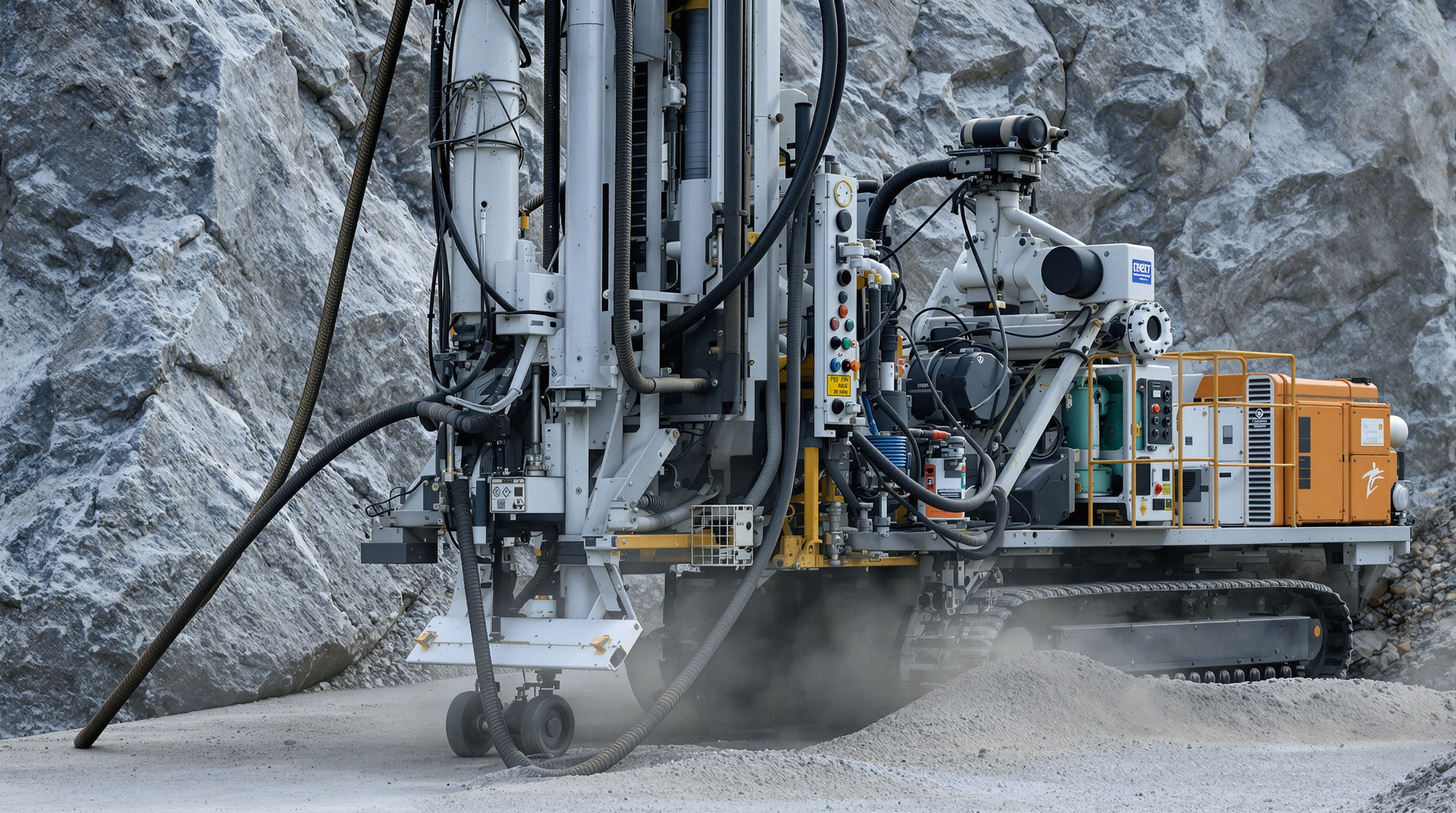 DTH hammer drill rig operating in a granite quarry, closely showing the equipment and surrounding hard rock