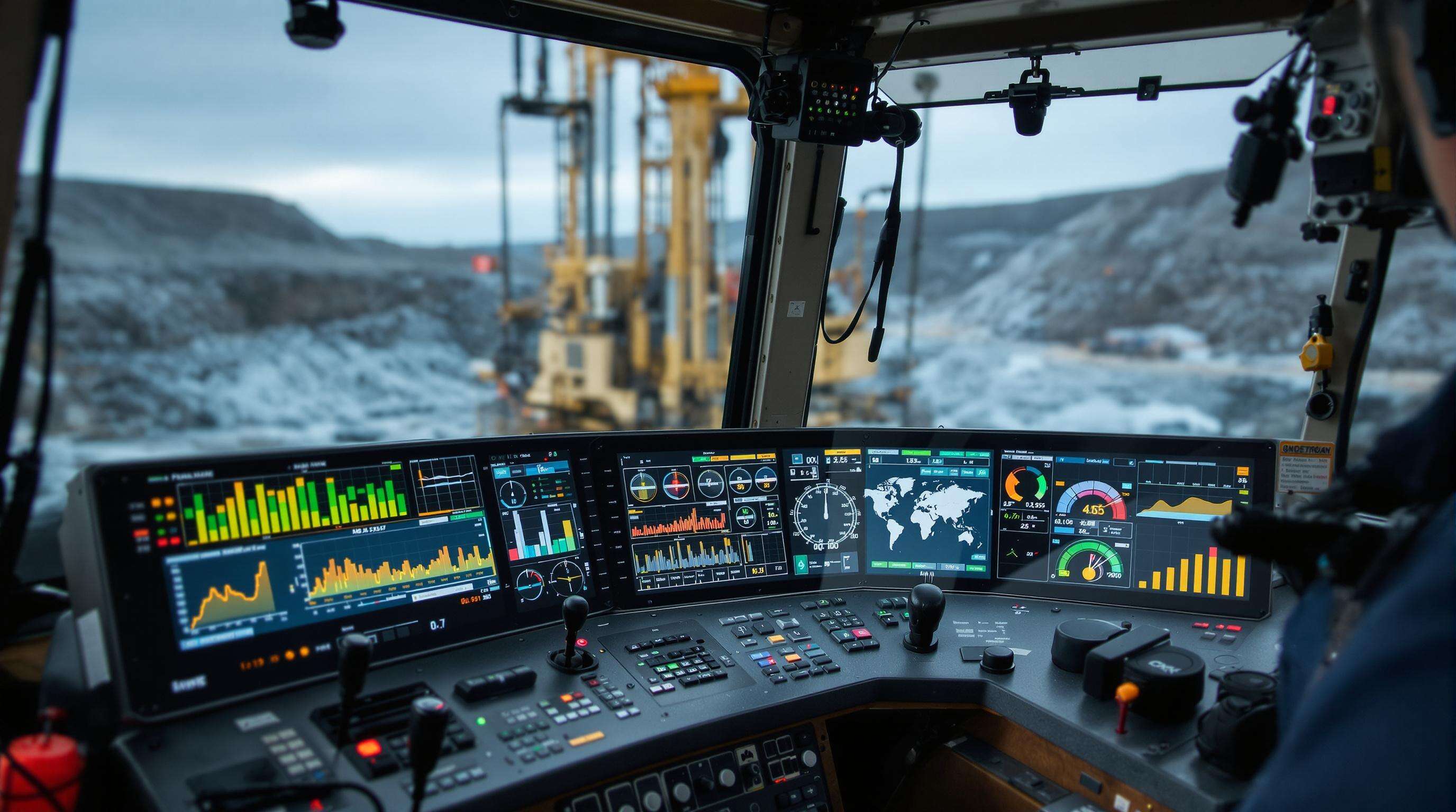 Photo showing operator's cabin with a touchscreen dashboard displaying abstract drill rig performance data, quarry visible through the window.