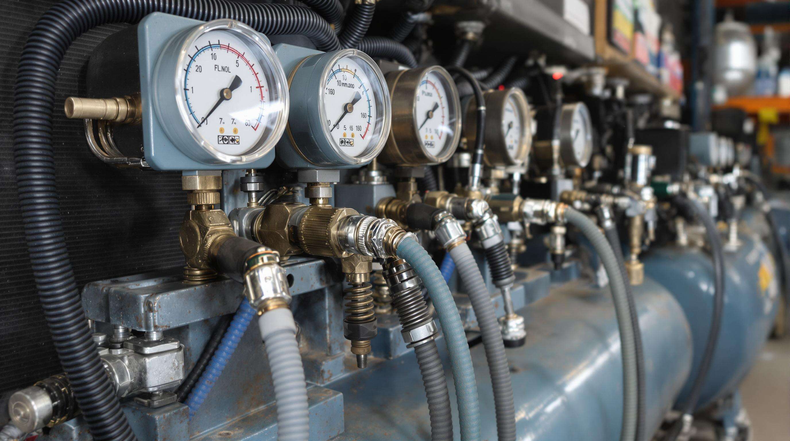 Industrial air compressor powering several pneumatic tools in a workshop