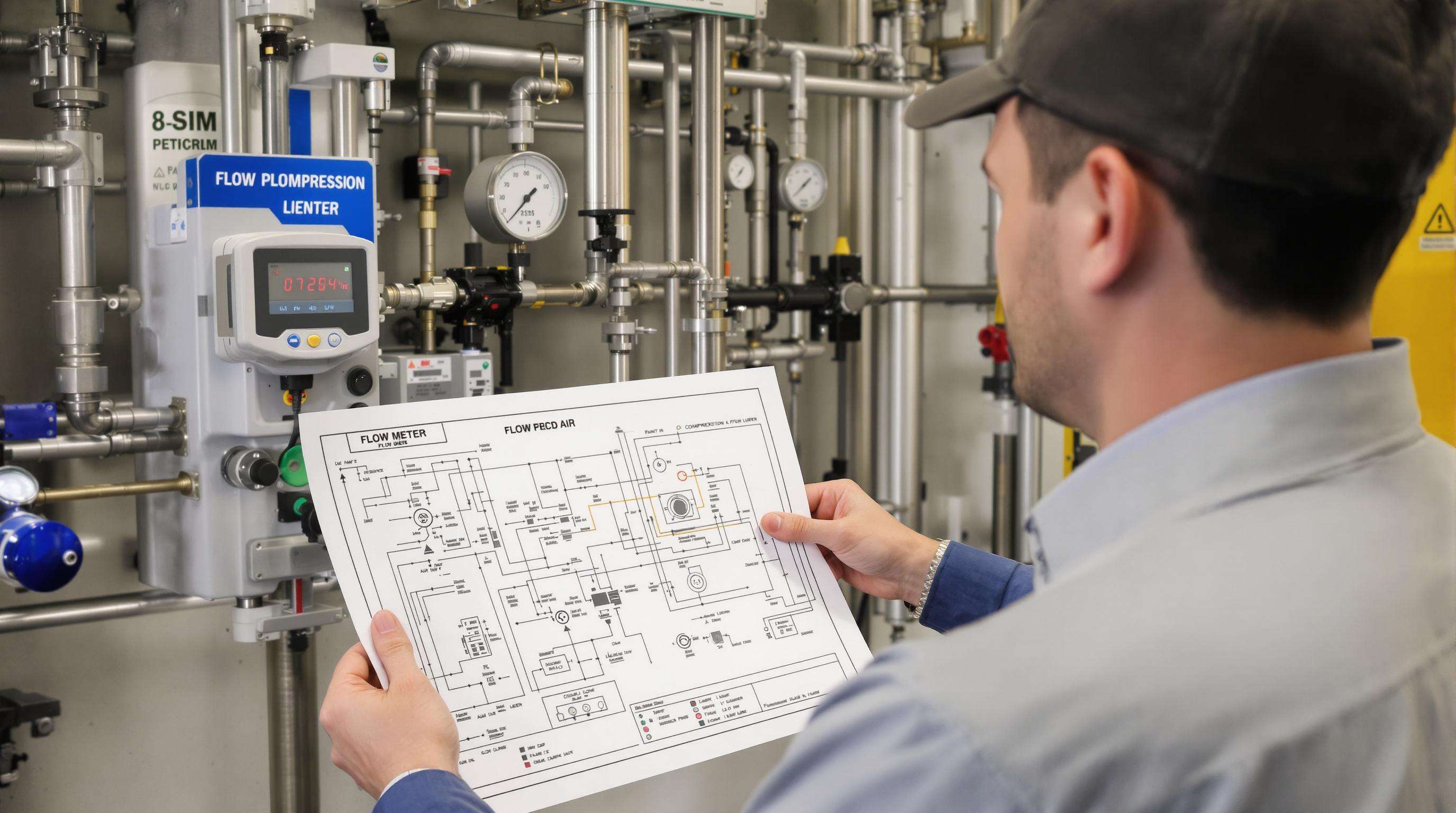 Engineer checking compressed air flow rates using equipment and diagrams in a factory