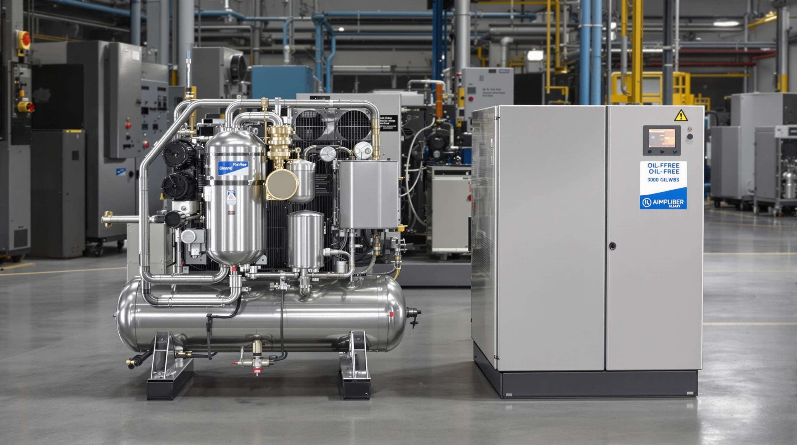 Oil-lubricated and oil-free air compressors side-by-side inside an industrial facility